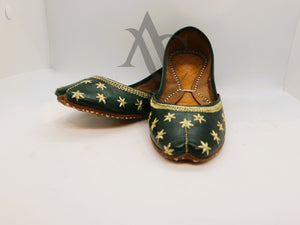 Ladies green leather khussa- Areeba's Couture