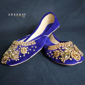 Blue velvet with and gems ladies khussa- Areeba's Couture