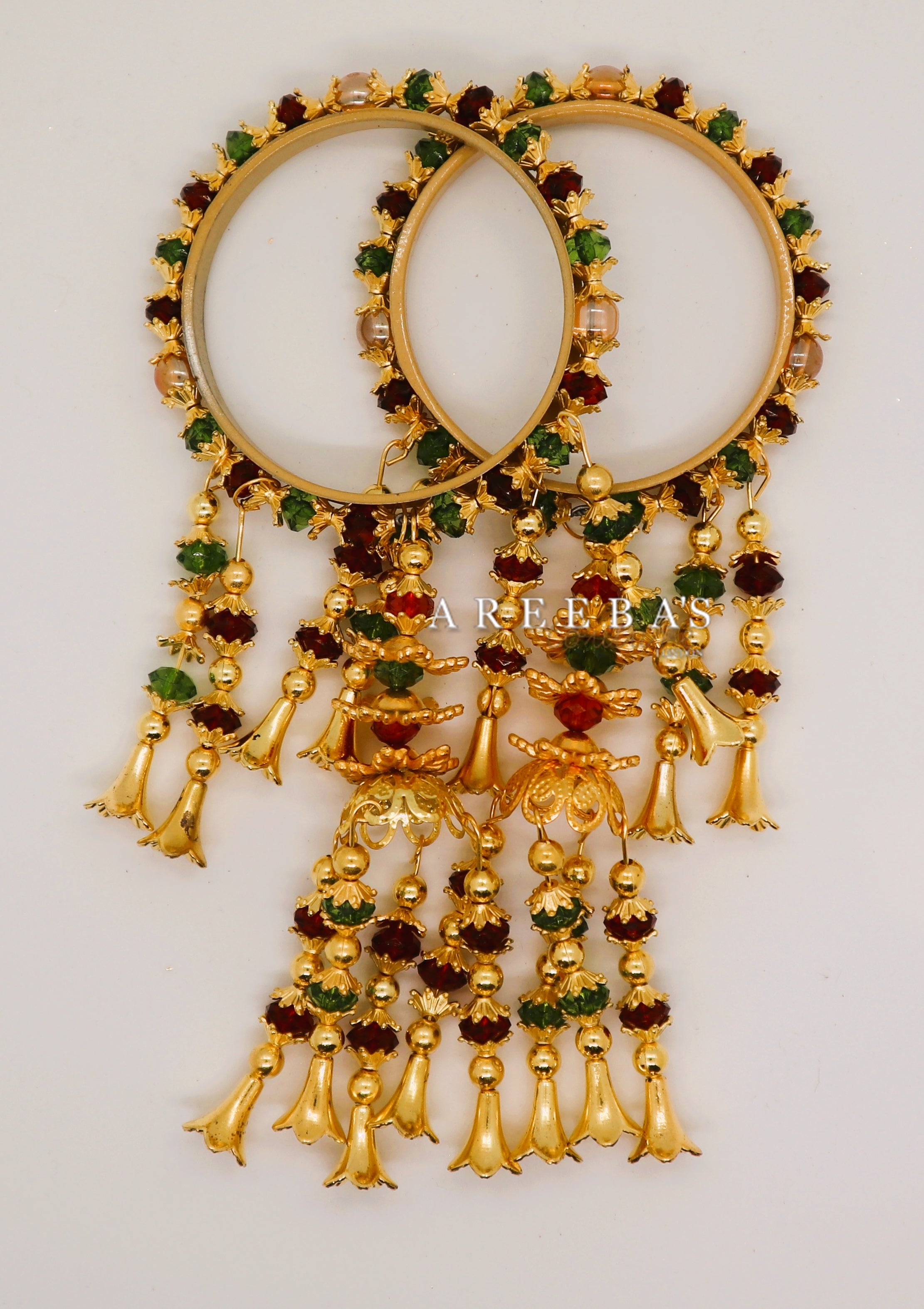 Kaleera with Kangan Green & Maroon / Bridal hand hanging with Bangel- Areeba's Couture