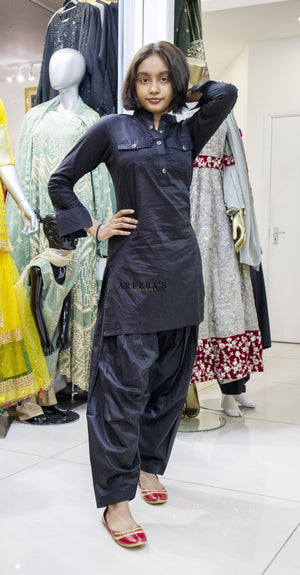 Patiala shalwar and short shirt BLACK- Areeba's Couture