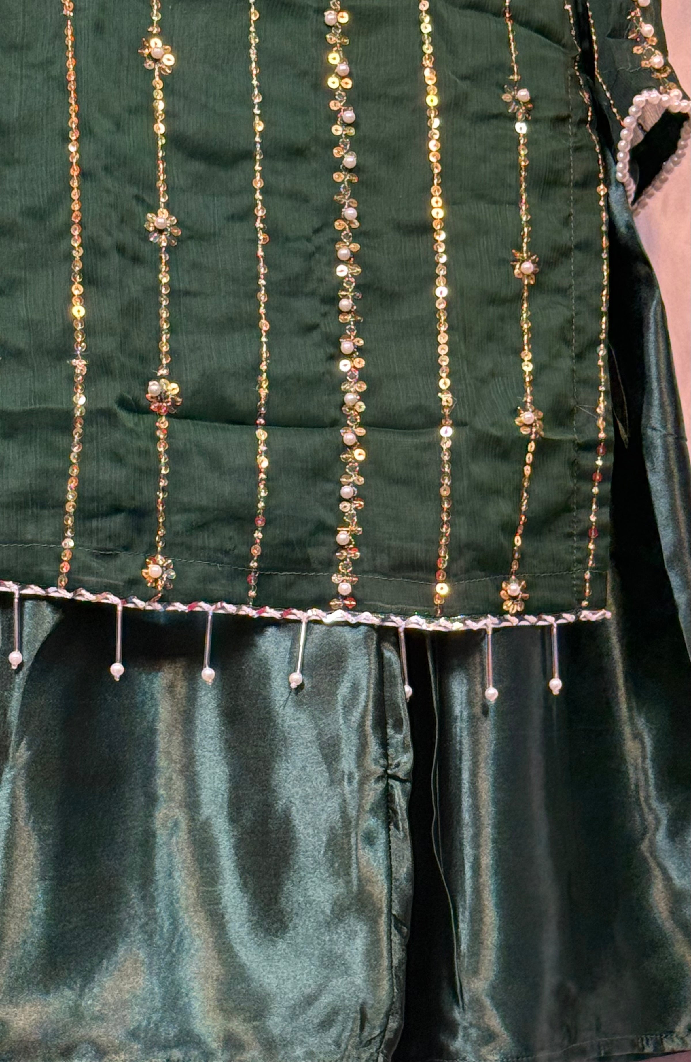 Girls Bottle Green Chiffon Shirt & Russian Silk Garara Set With Sequence Emobidary On Shirt (3 Piece) Gcgs-22