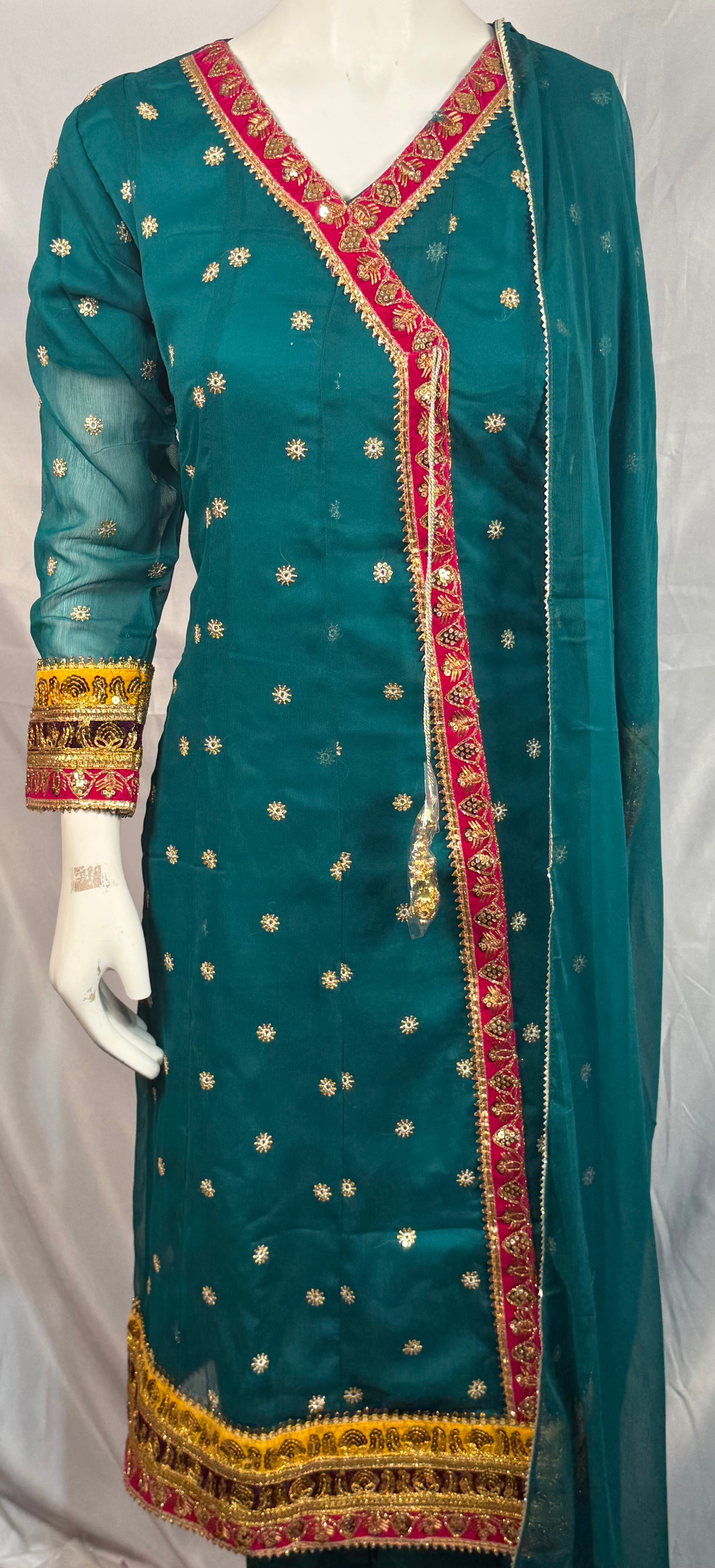 Ladies Teal Green Chiffon Angrakah Style 3 Pcs Suit With Embroidery On Shirt Golden Thread Work Last-05