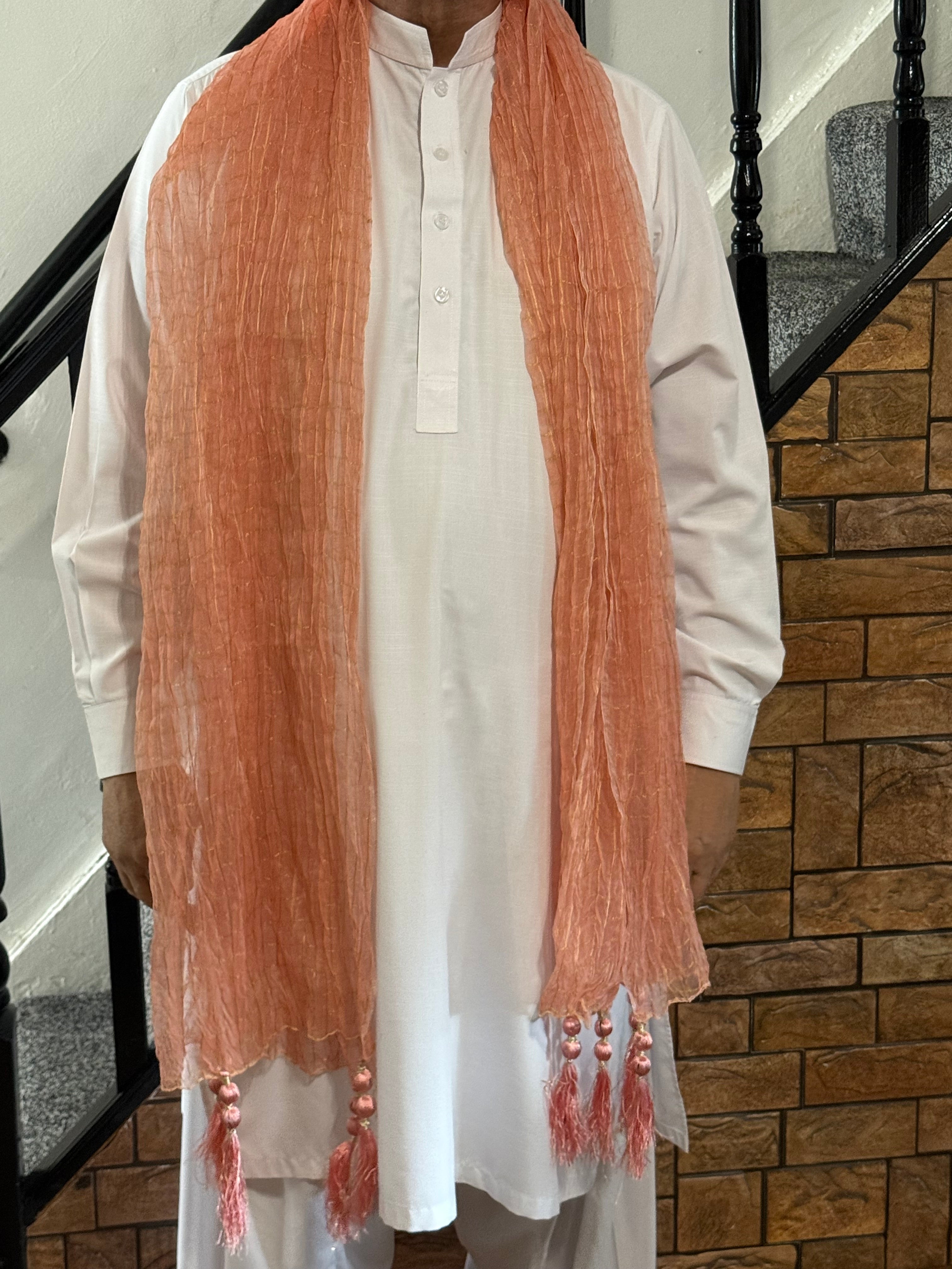 Mehndi Dupatta For The Lads In Peach Colour With Tussles