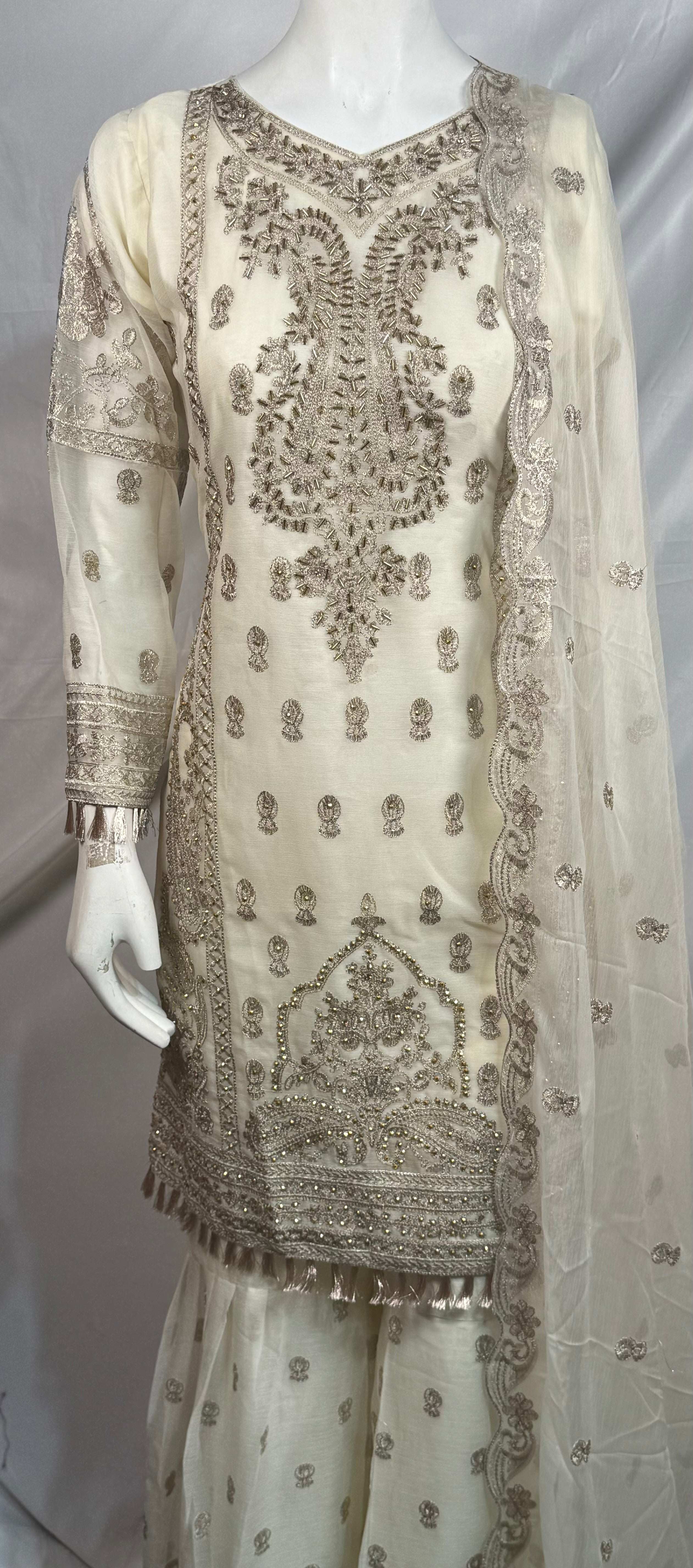 Ladies 3 Pcs Off-White Garara Set With Embroidery And Beads Work (Including Shirt, Garara And Duptta )