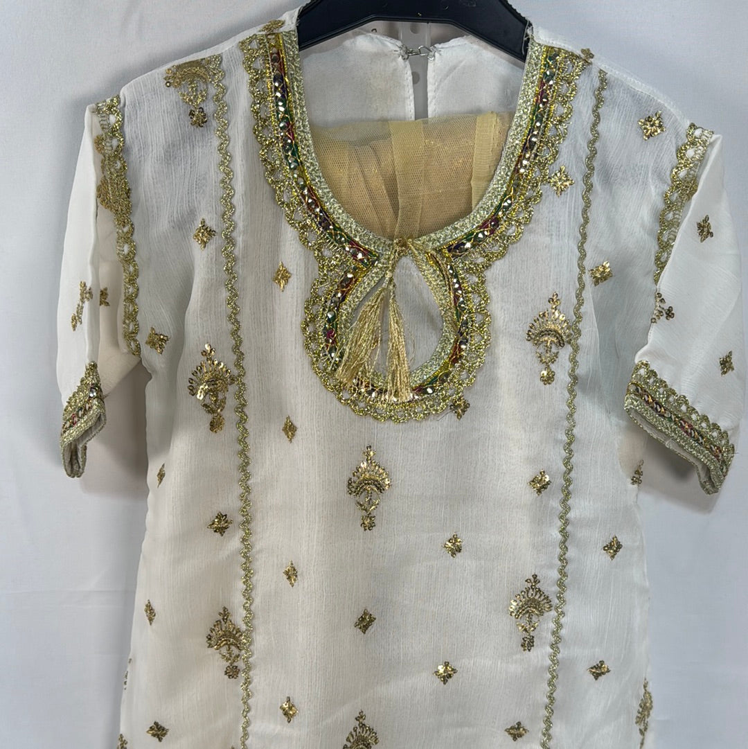 White chiffon shirt with matching gold trouser