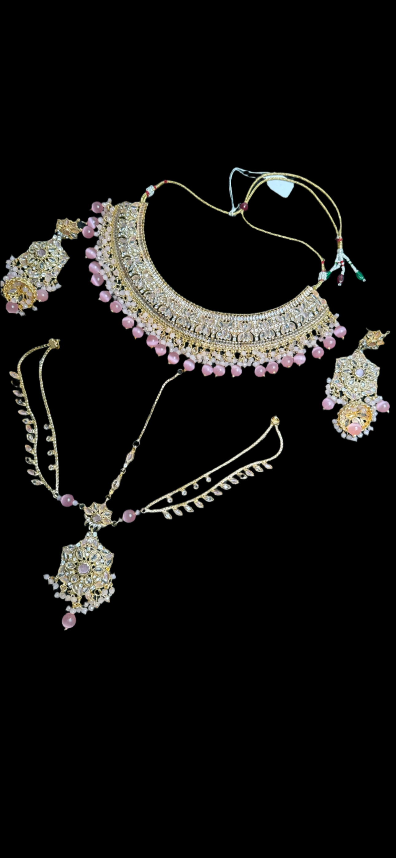 Gold colour Jewellery set with necklace,  earrings and Matha pitti with pink pearls  -JS45