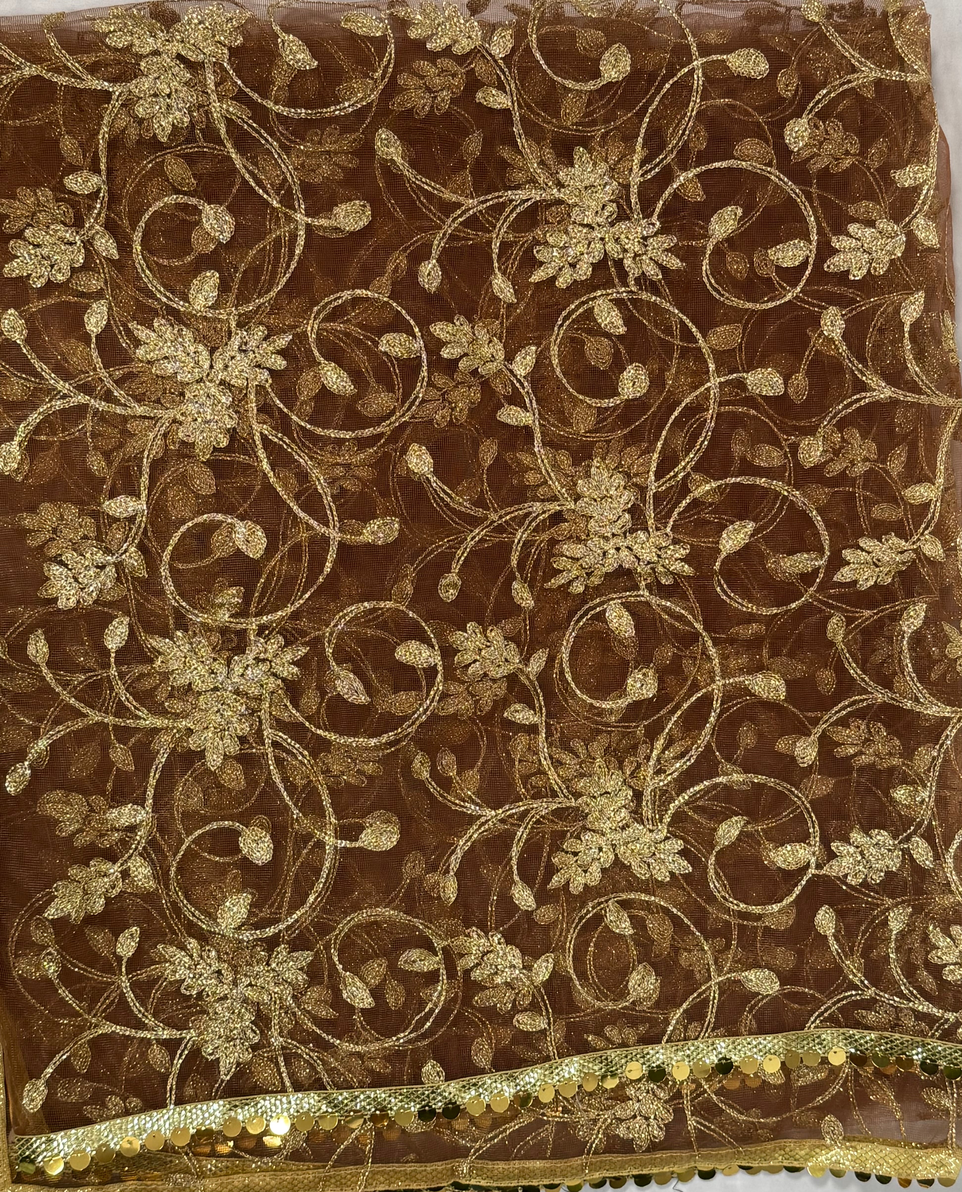 Net Dupptta Brown Colour With Golden Embroidery