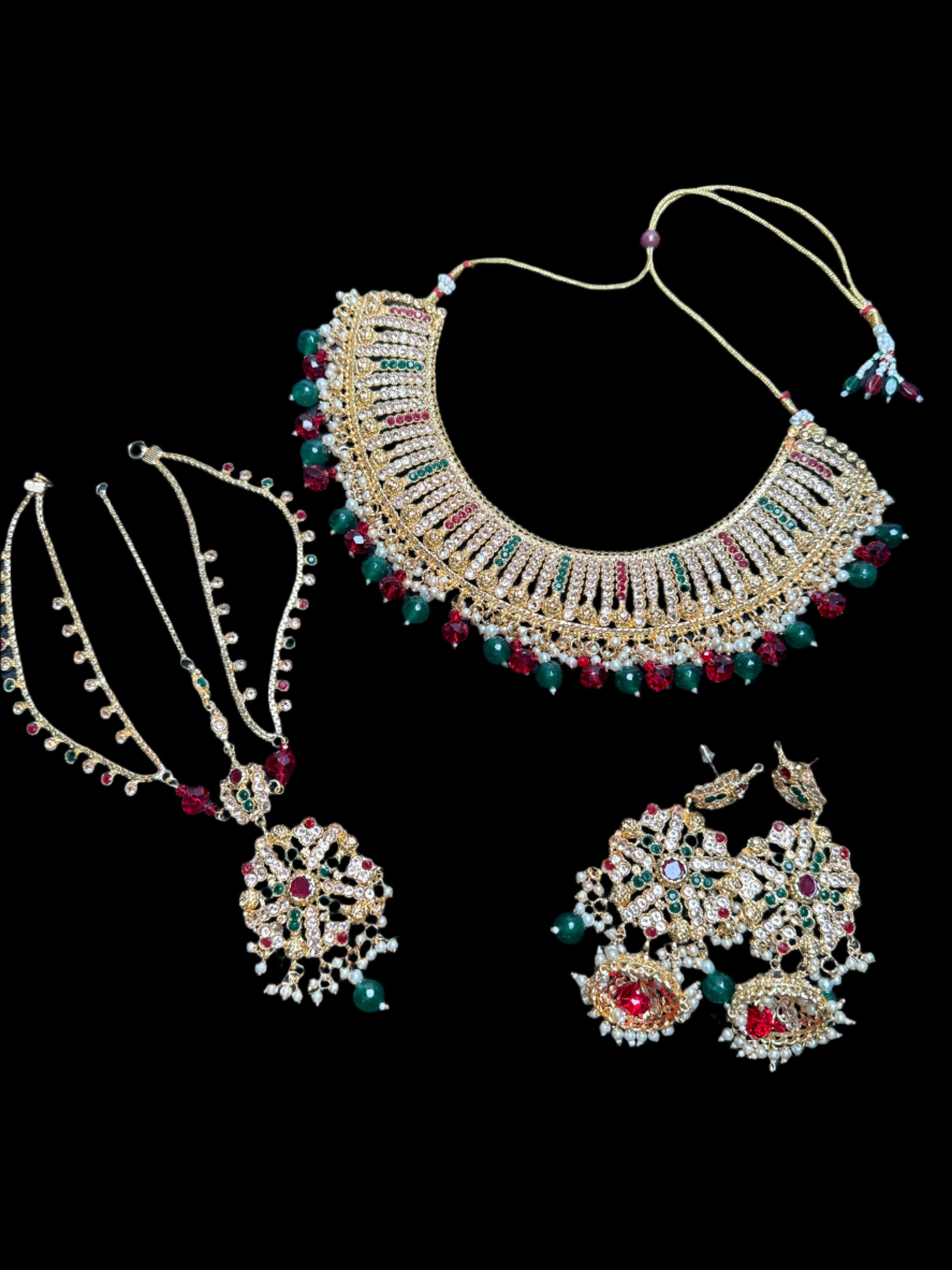 Gold colour Jewellery set with necklace,  earrings and Matha pitti with multi colours pink pearls  -JS49