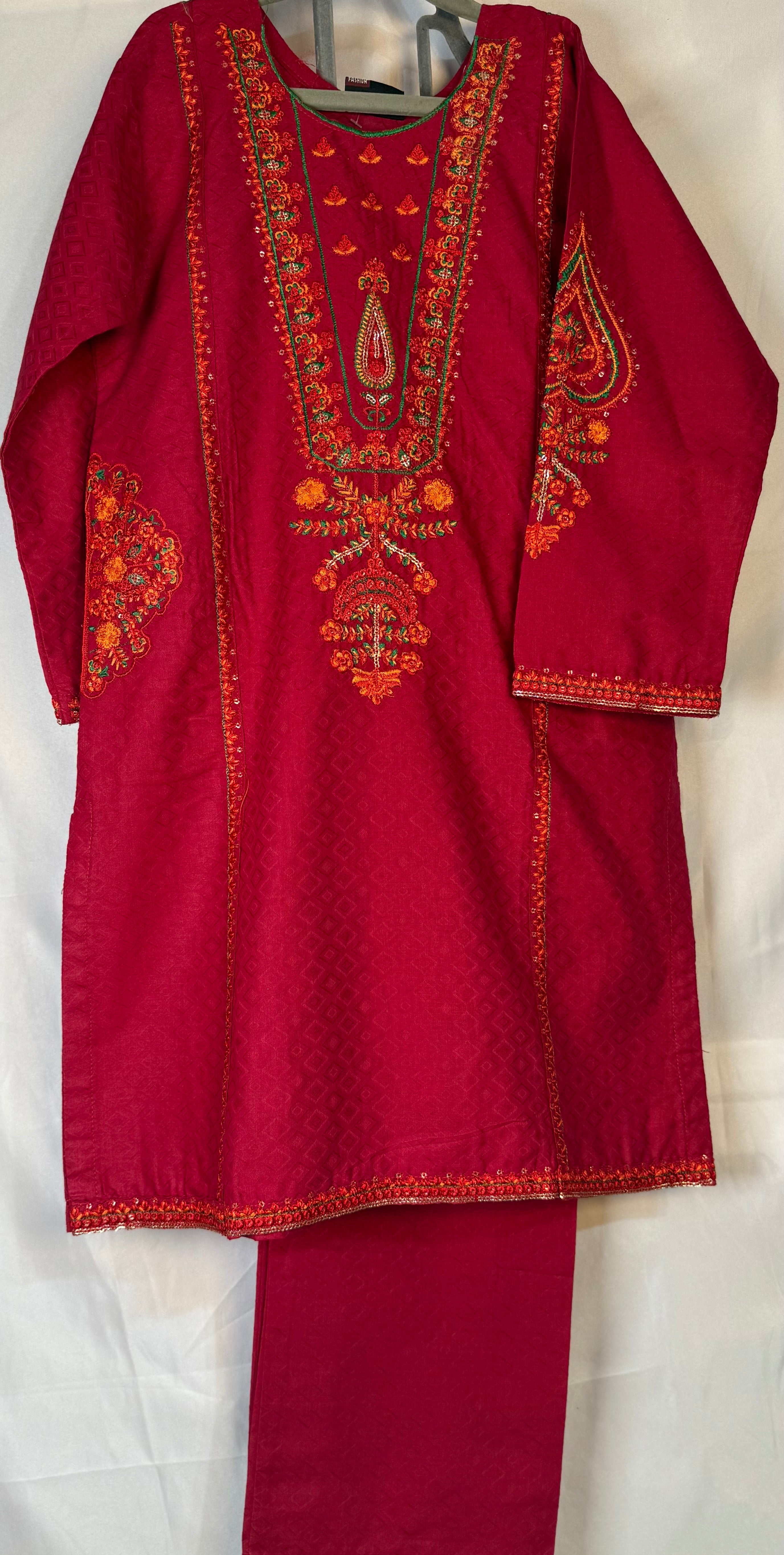 Girls Red Self-Print Egyptian Cotton Shirt & Trouser Set With Thread Emobidary (2 Piece) Gcgs-4