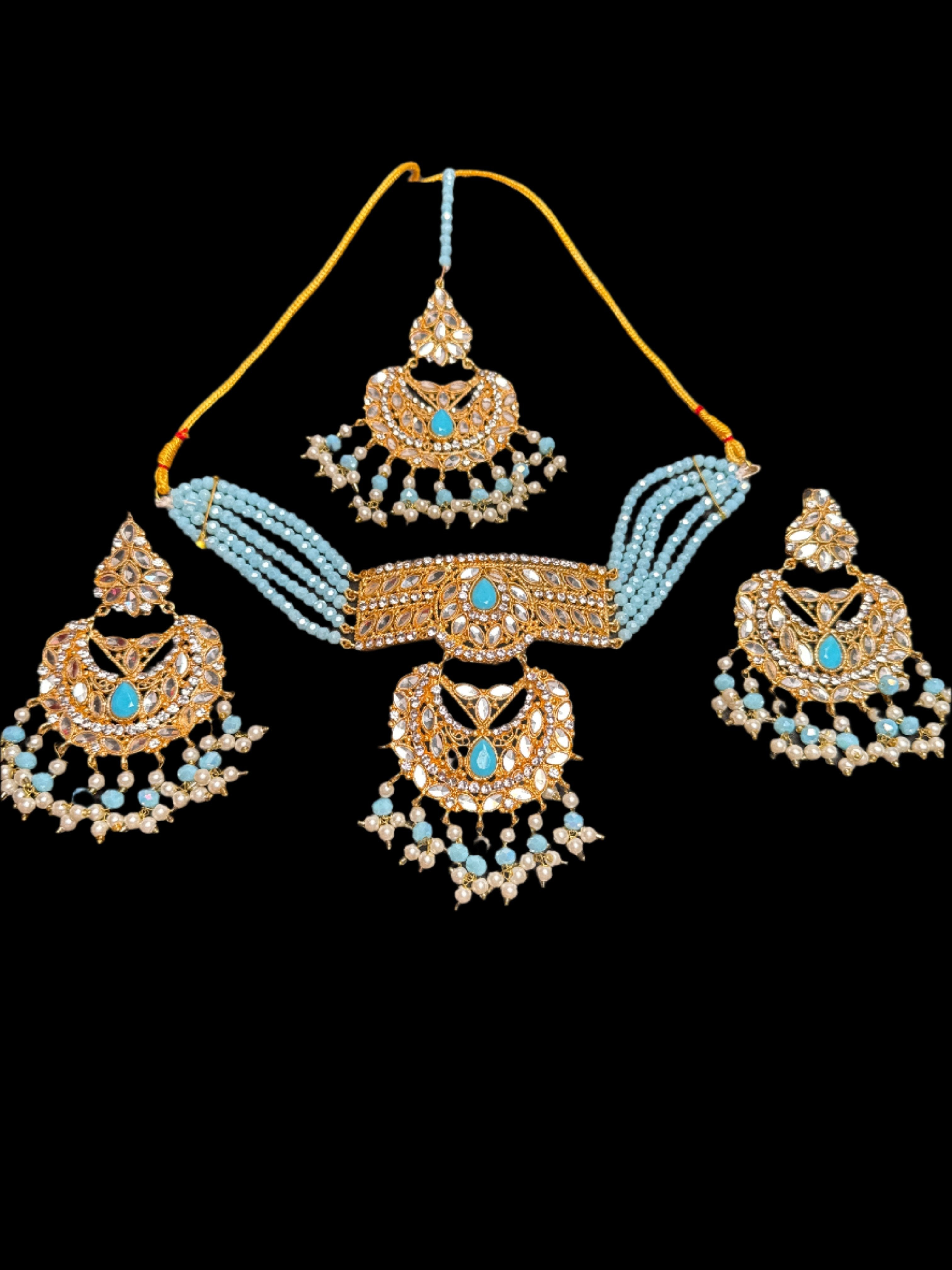 Gold colour Jewellery set with necklace,  earrings and Teeka  with Ferozi & gold  pearls  - KS4