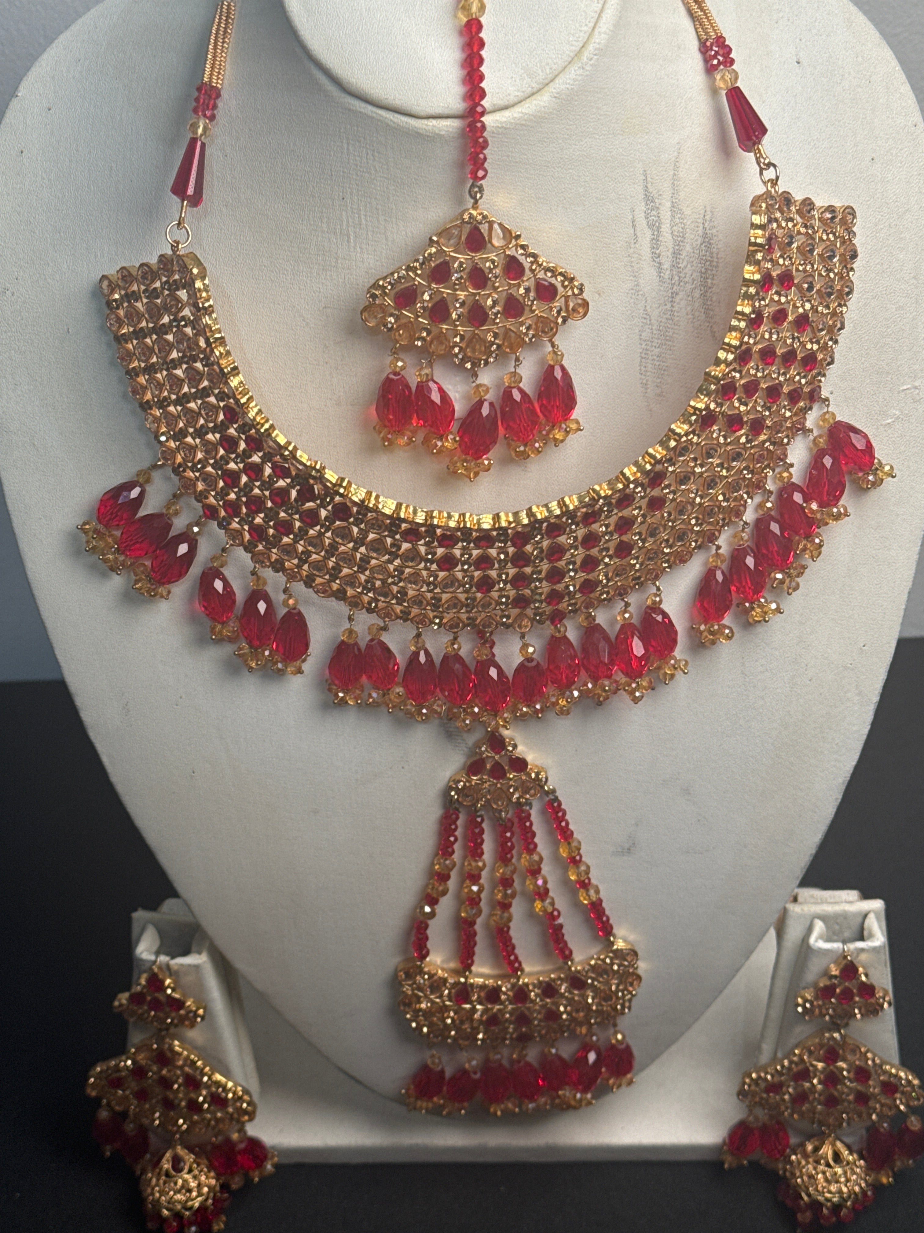 Gold colour Jewellery set with necklace, Jhumar. earrings and bracelet -JS43