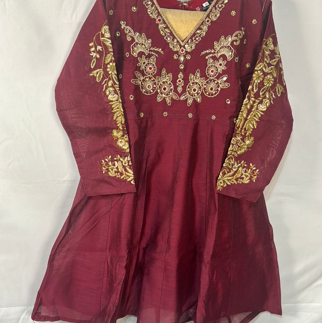 Girls maroon cotton frock dress with gold trouser- Areeba's Couture