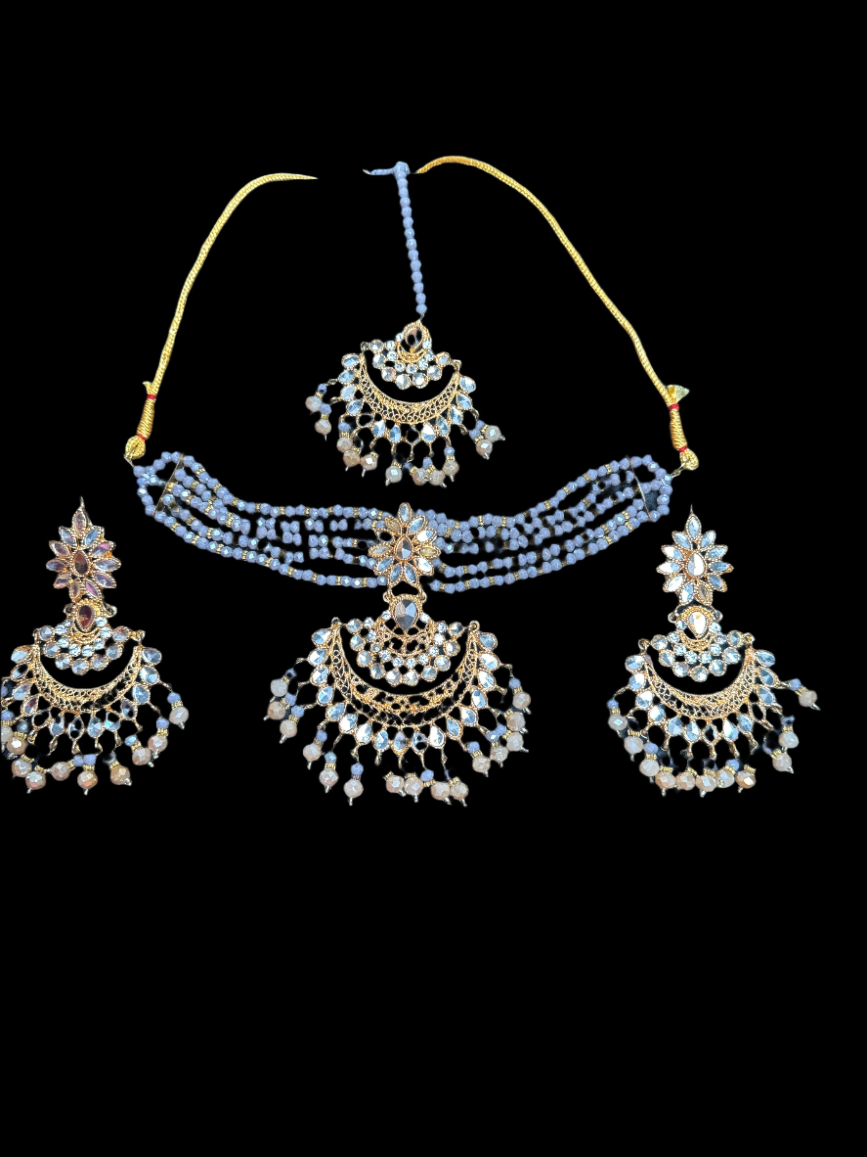 Gold colour Jewellery set with necklace,  earrings and Teeka  with Lilac purple  & white  pearls - KS7