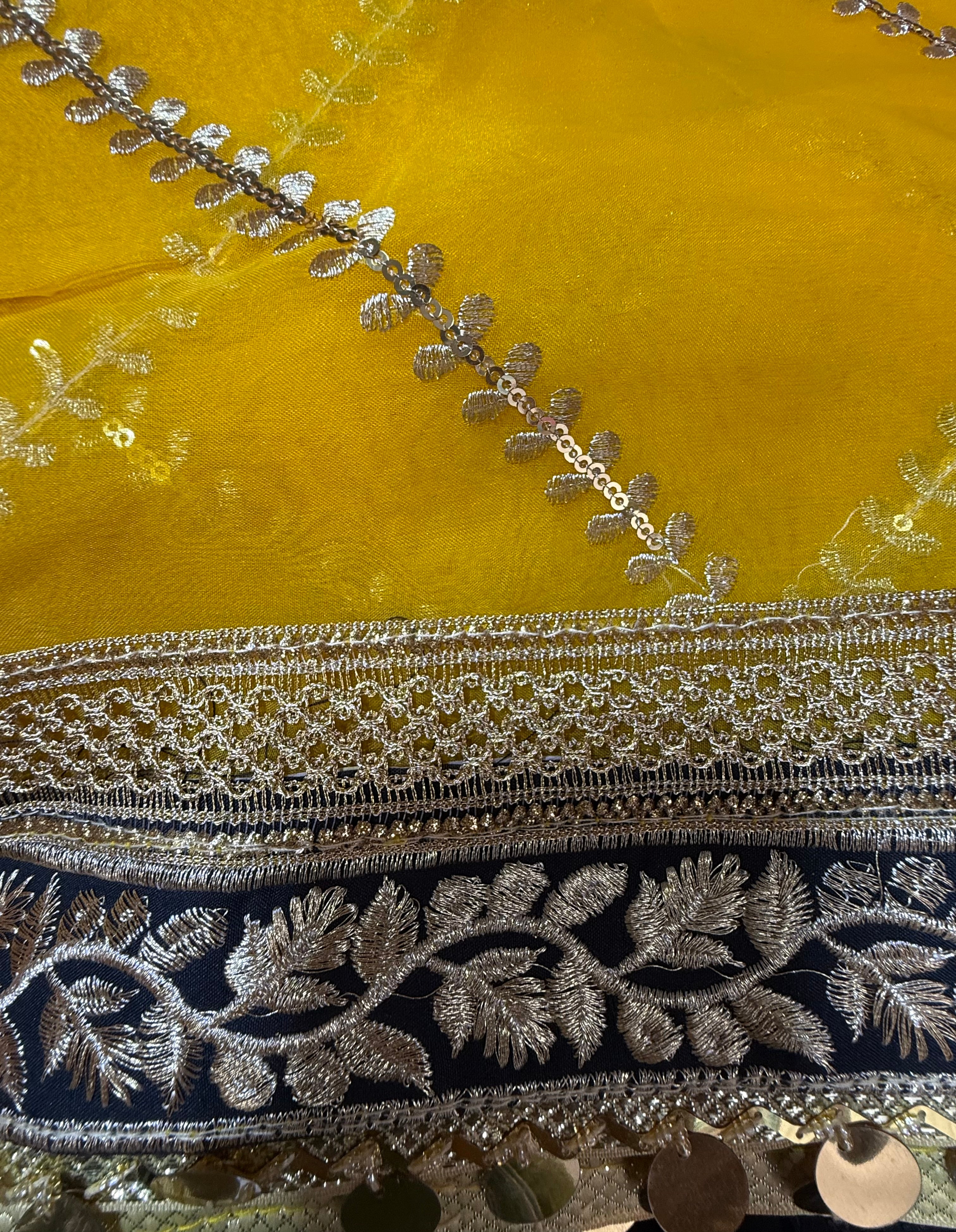 Yellow Organza Duptta With Embroidery And Coin Lace By Areeba'S Couture