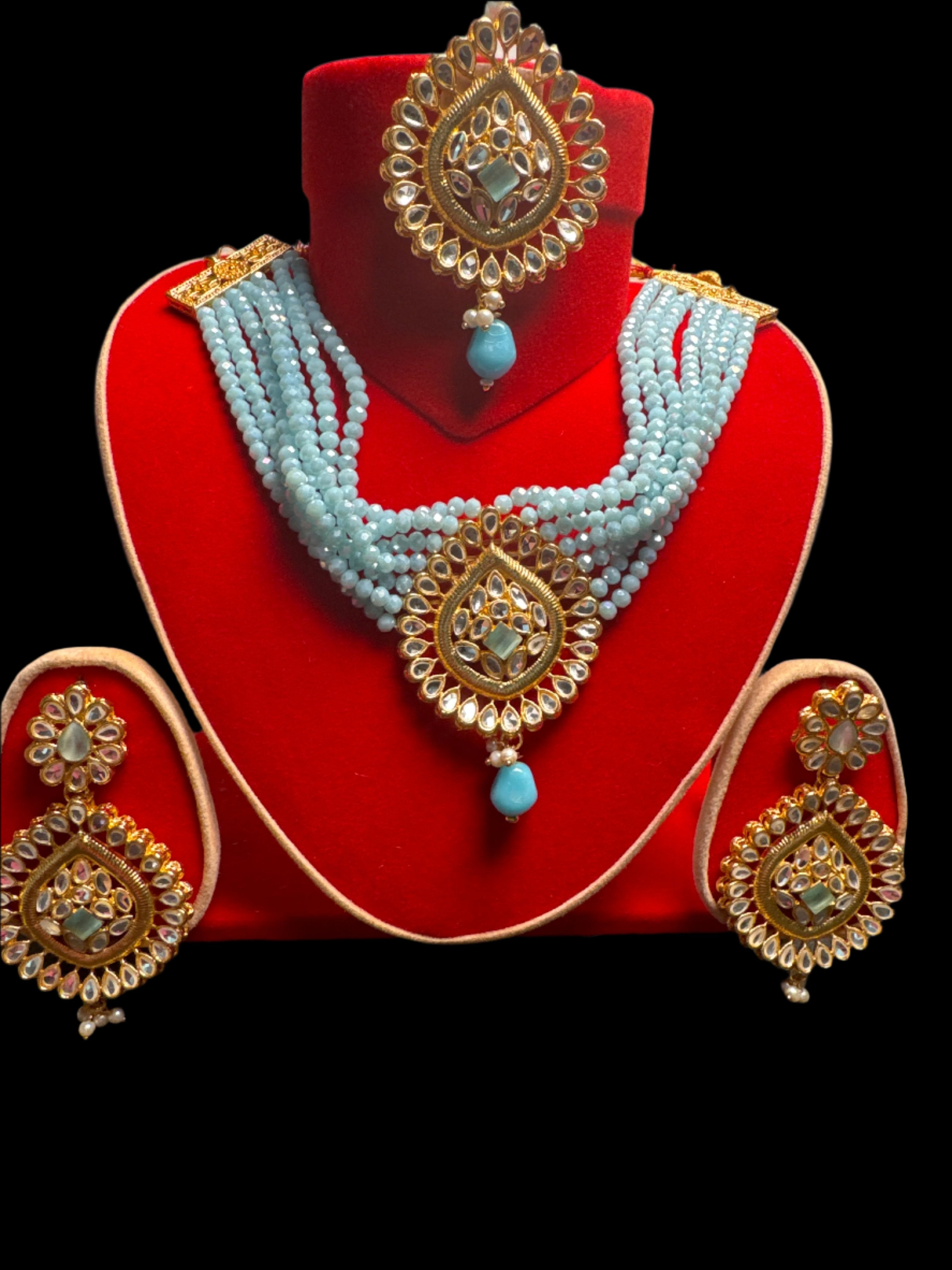 Gold colour Jewellery set with necklace,  earrings and Teeka  with ferozi & white  pearls  -KS14