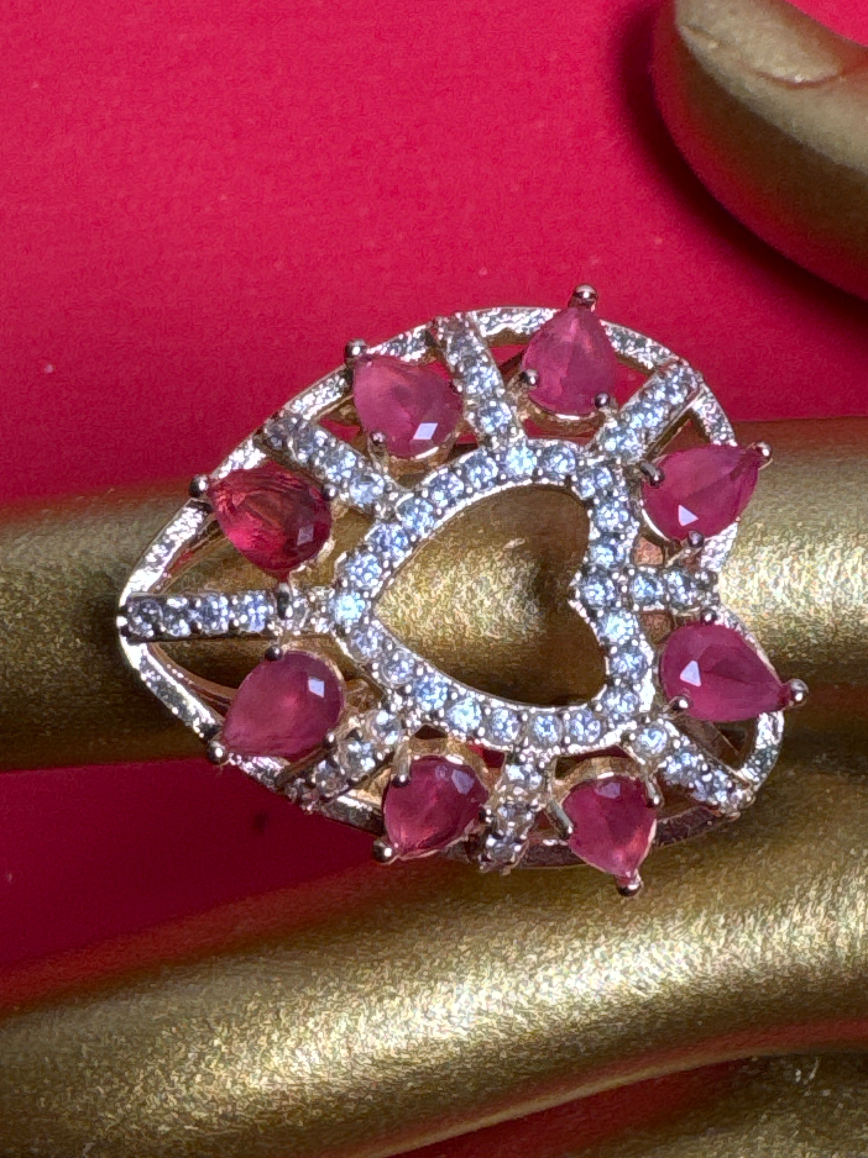 Heart shape Gold ring  with pink beads