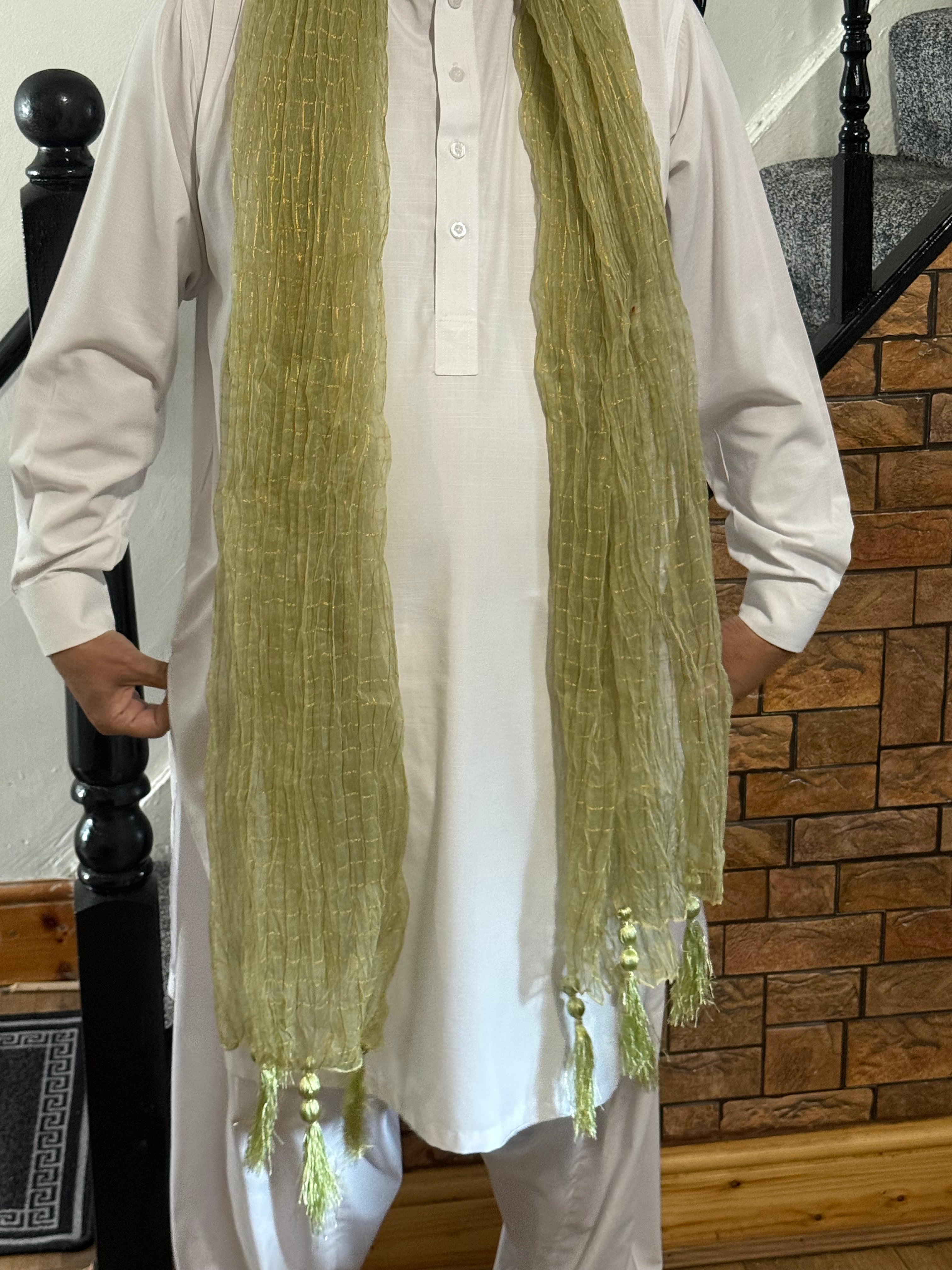 Mehndi Dupatta For The Lads In Sage Green Colour With Tussels
