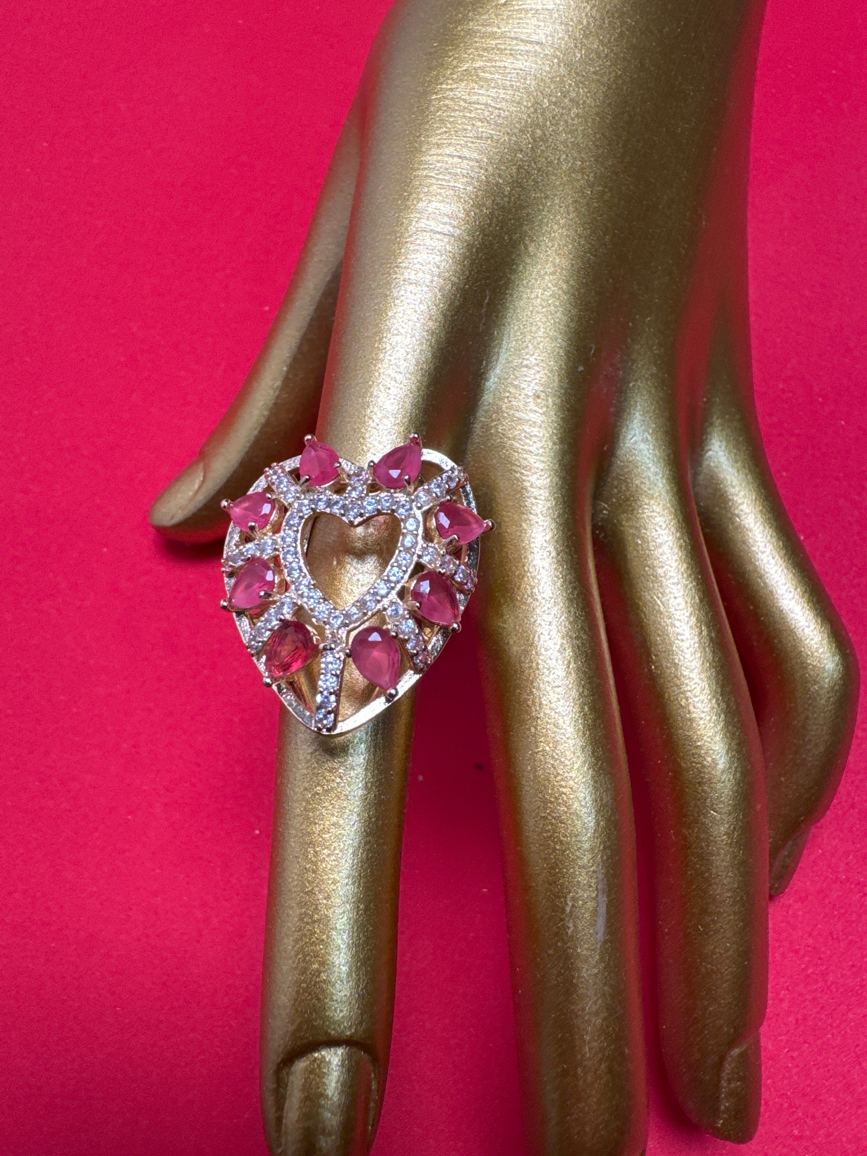 Heart shape Gold ring  with pink beads