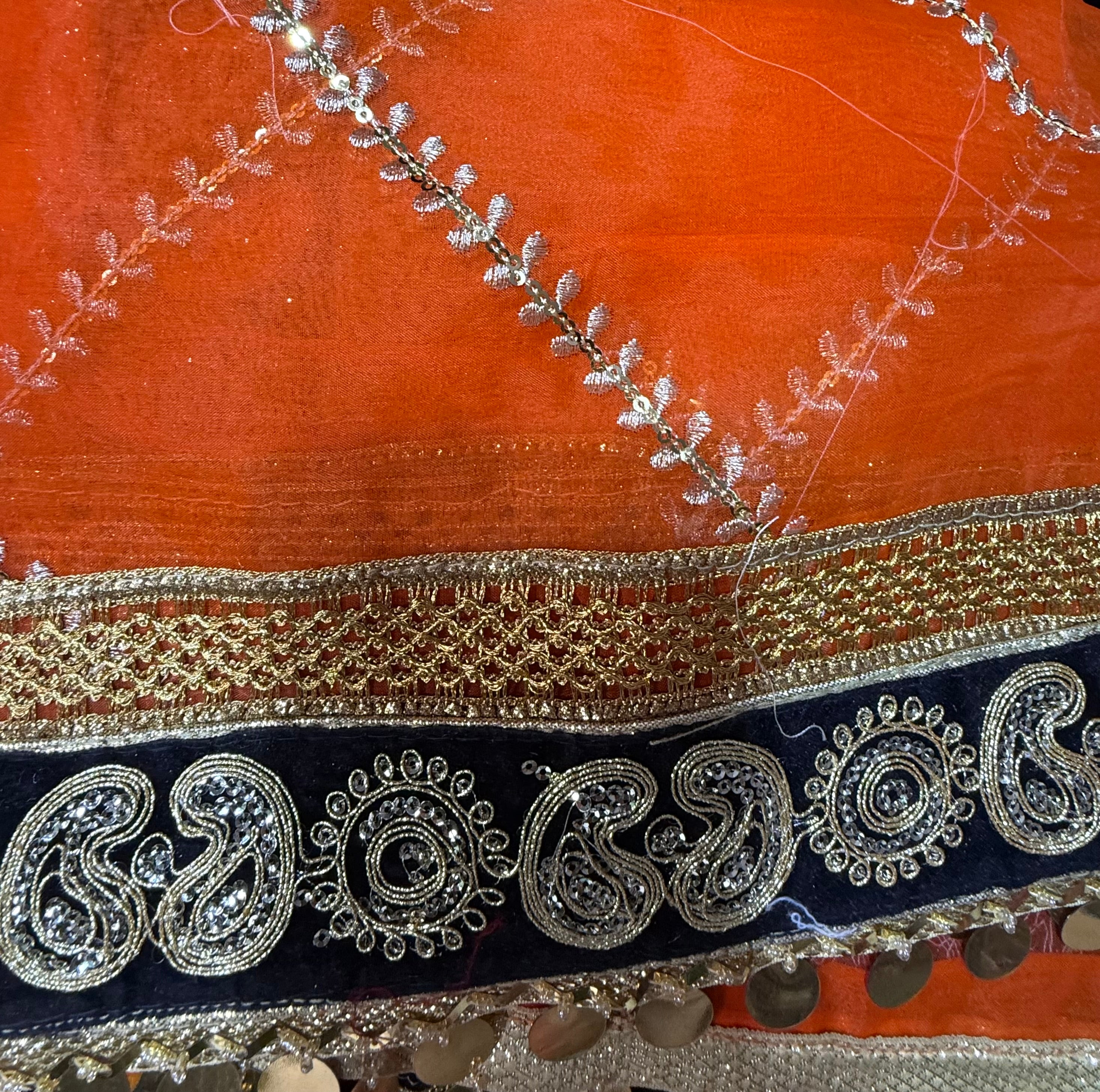 Orange Organza Duptta With Embroidery And Coin Lace By Areeba'S Couture