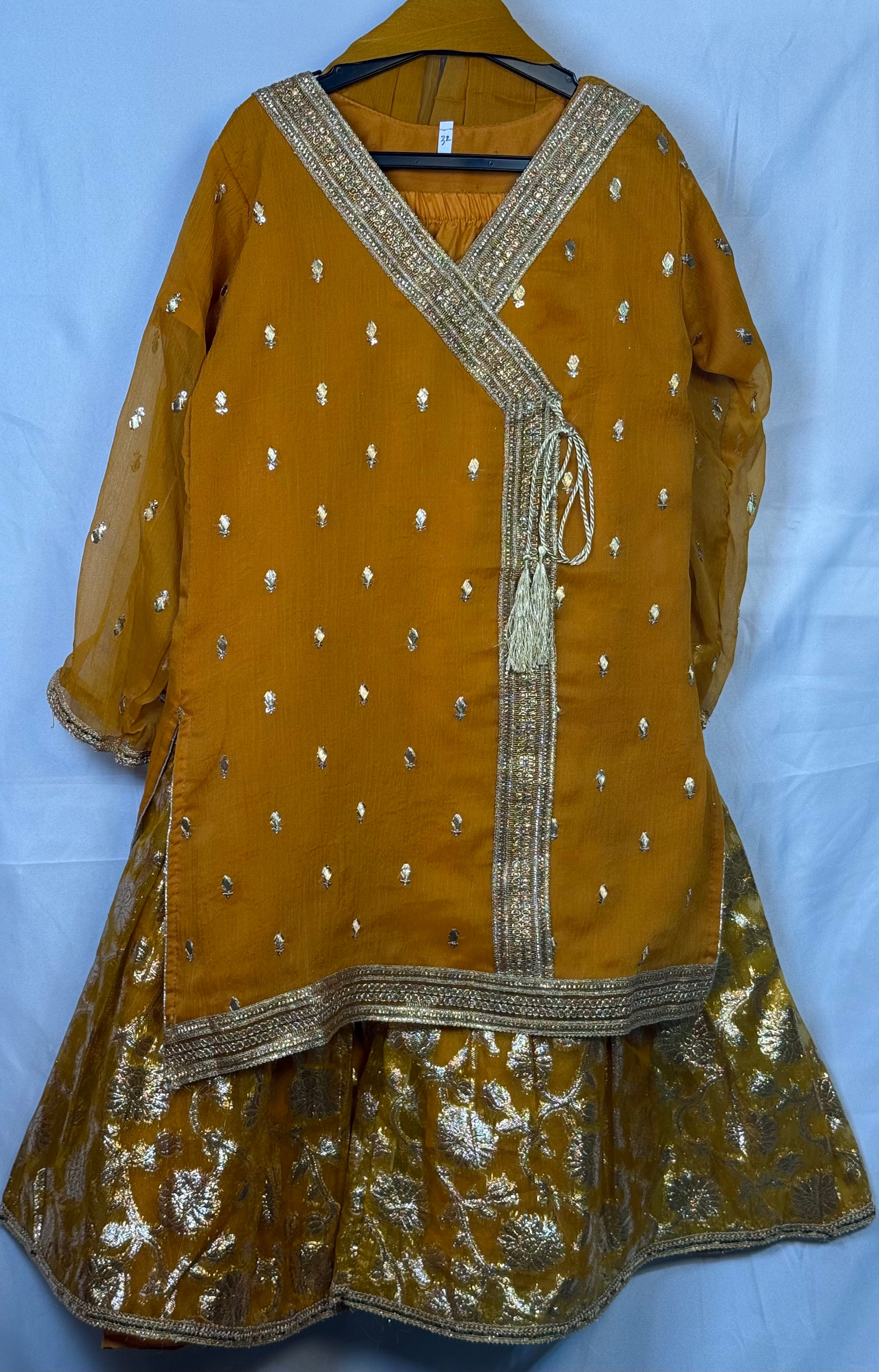 Girls Mustard Chiffon Angrakah Style Shirt & Garara Set With Emobidary On Shirt (3 Piece) Gcgs-12