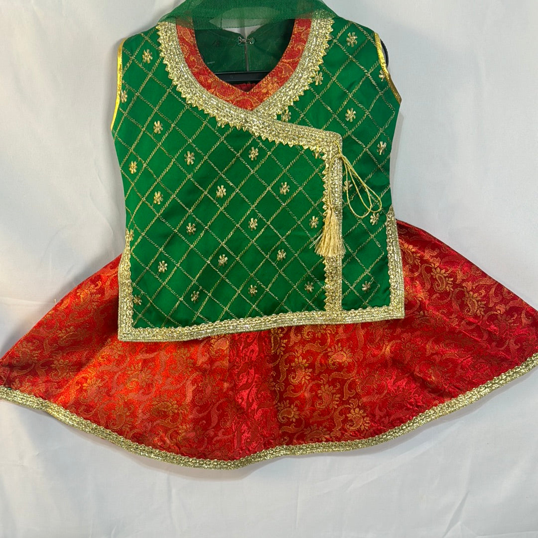 Girls Pakistani lengha set in green and red colour  sb- Areeba's Couture