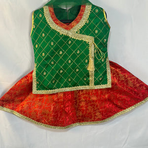 Girls Pakistani lengha set in green and red colour  sb- Areeba's Couture