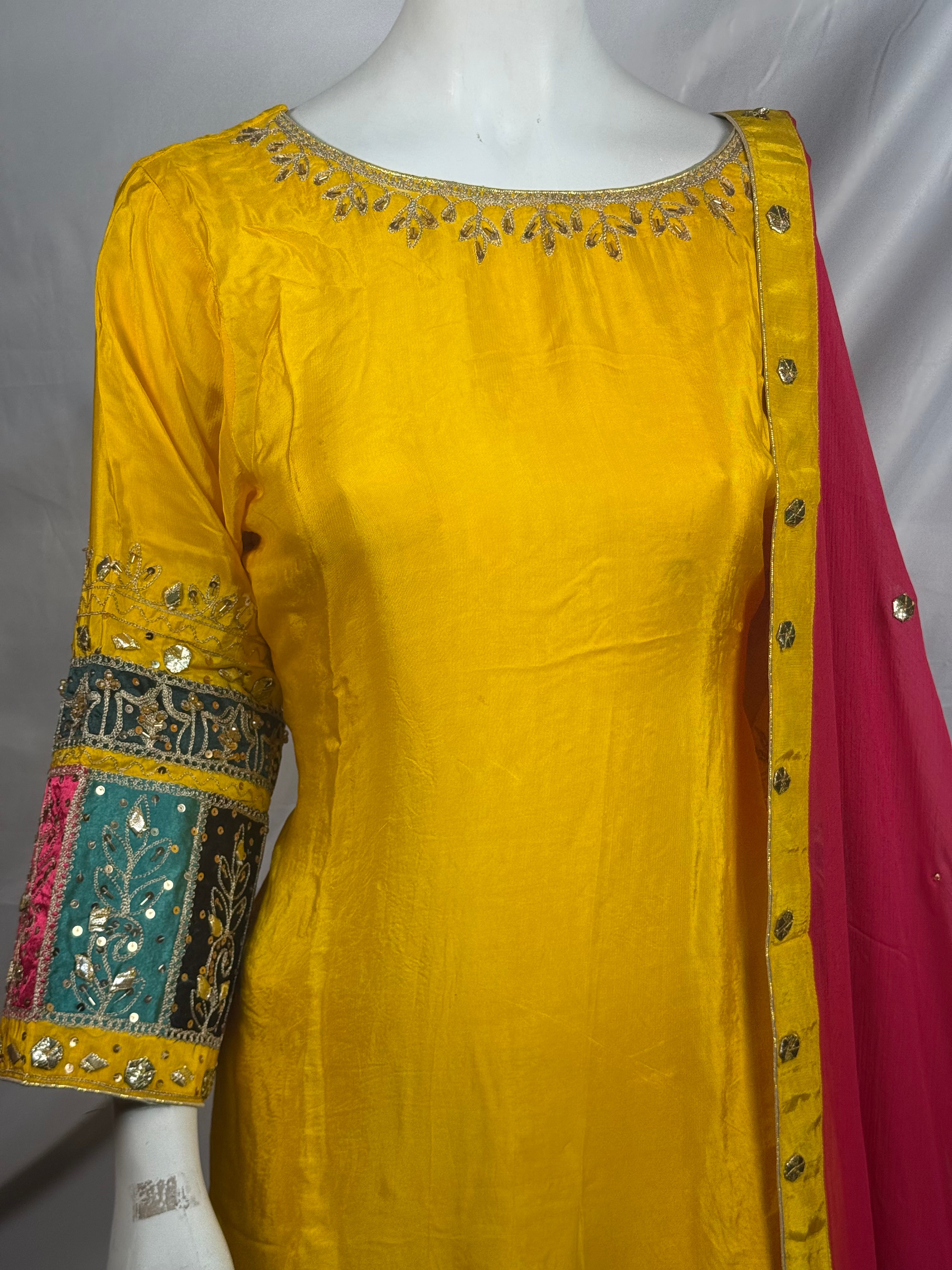 Ladies Three Piece Gotta And Hand Embellished Mehndi Suit