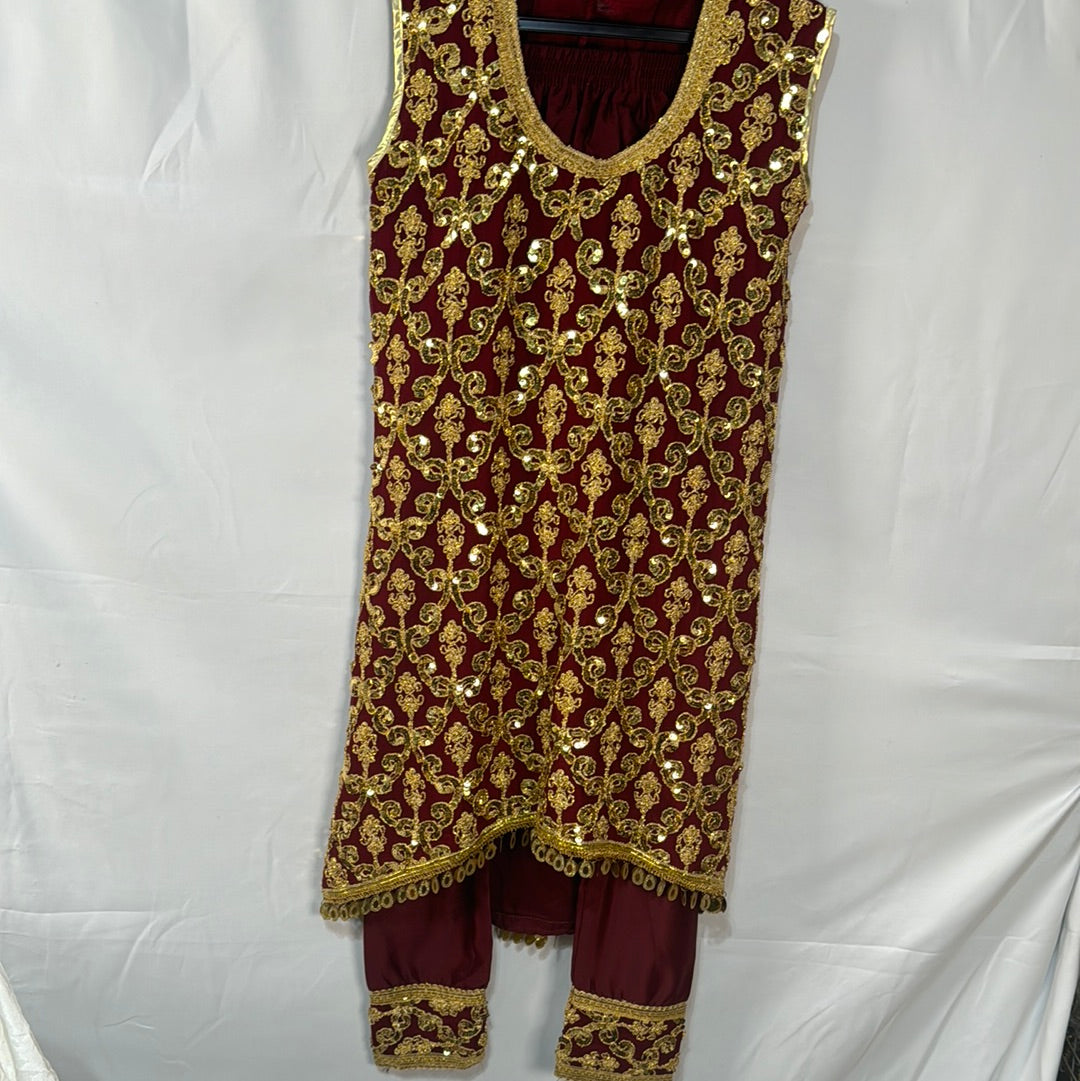 Girls maroon sequence work dress with matching trouser