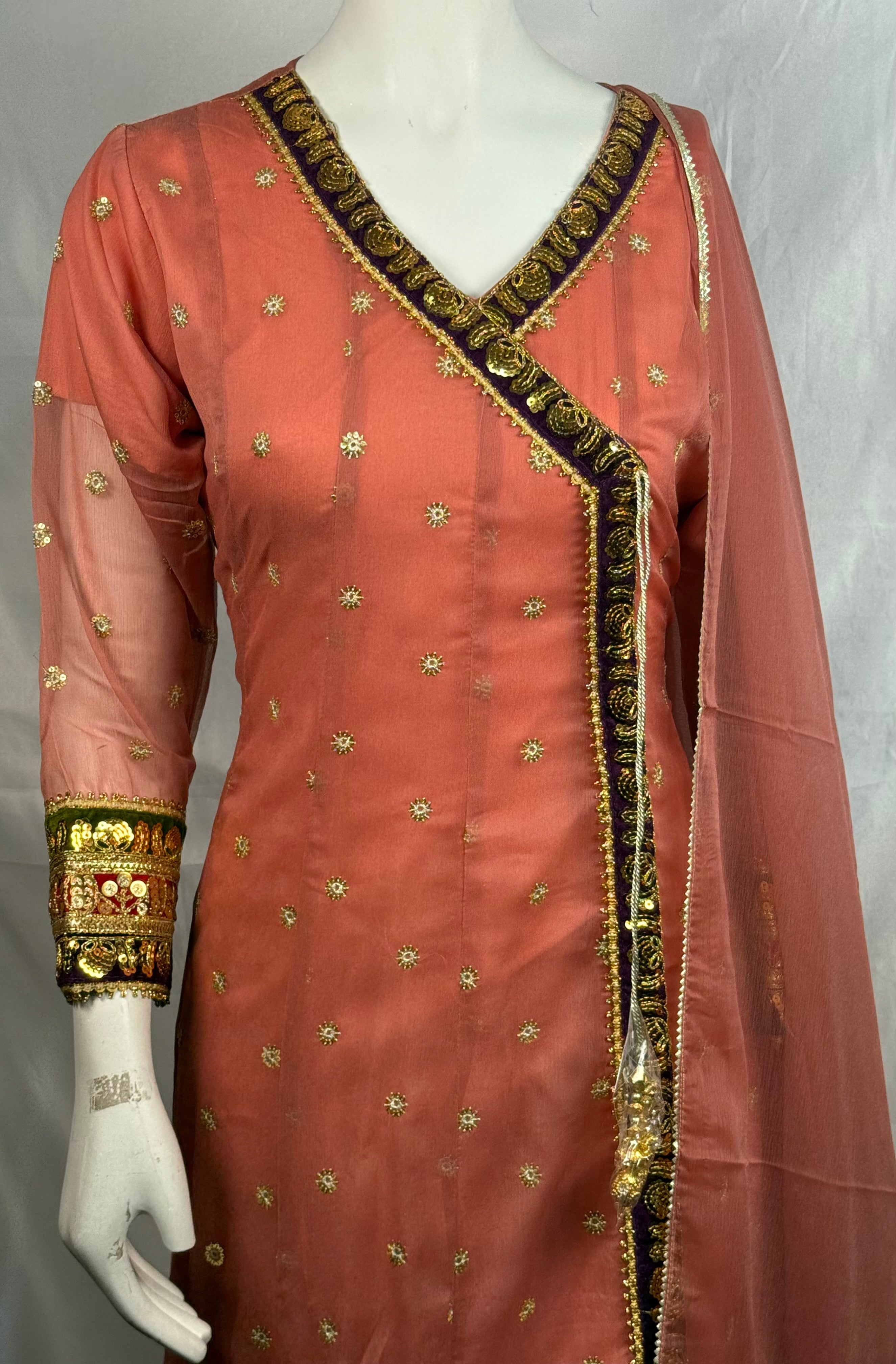Ladies Chiffon Angrakah Style 3 Pcs Suit With Embroidery On Shirt (Last-07)