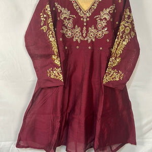 Girls maroon cotton frock dress with gold trouser- Areeba's Couture