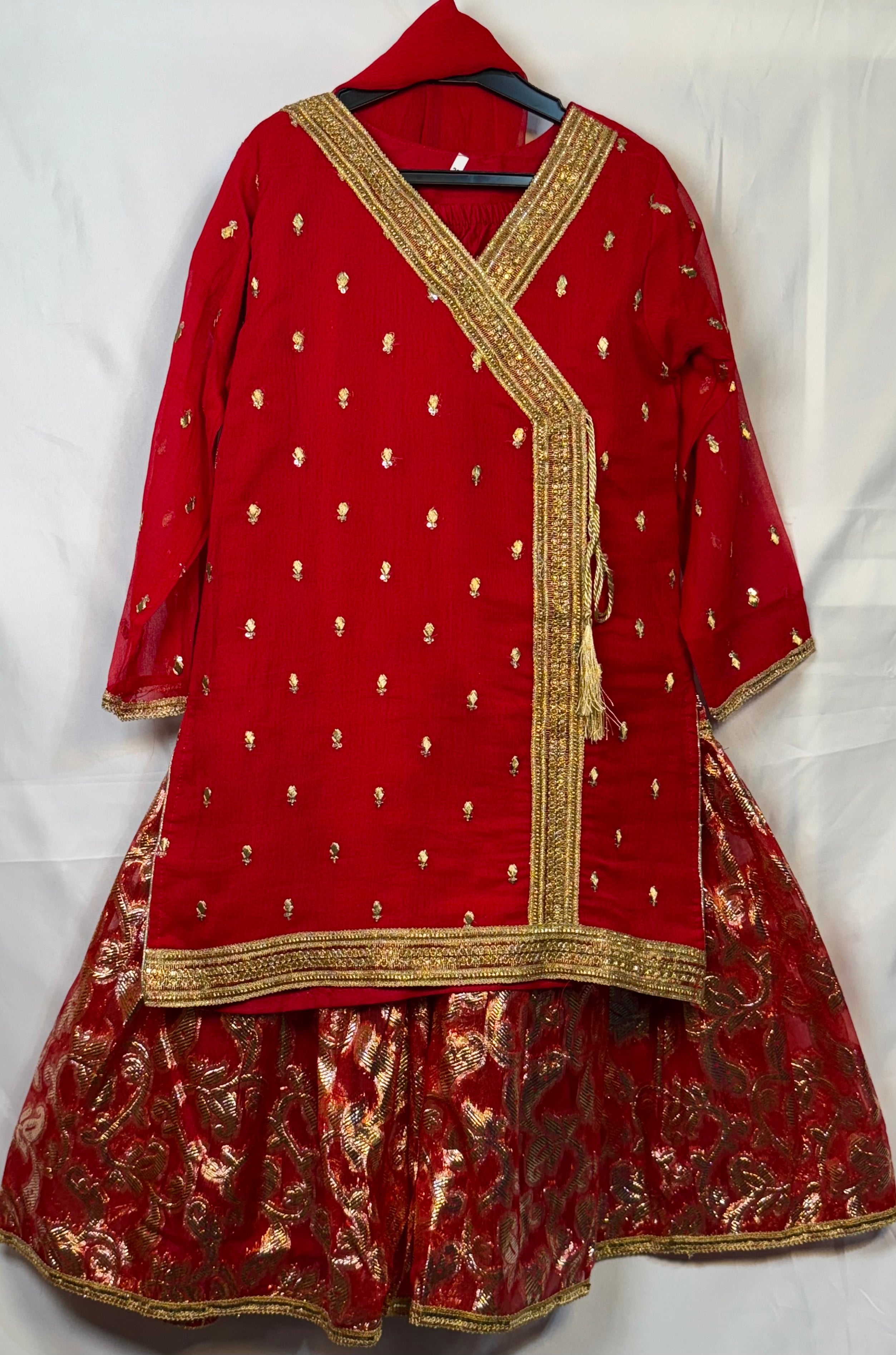 Girls Red Chiffon Angrakah Style Shirt & Garara Set With Emobidary On Shirt (3 Piece) Gcgs-8