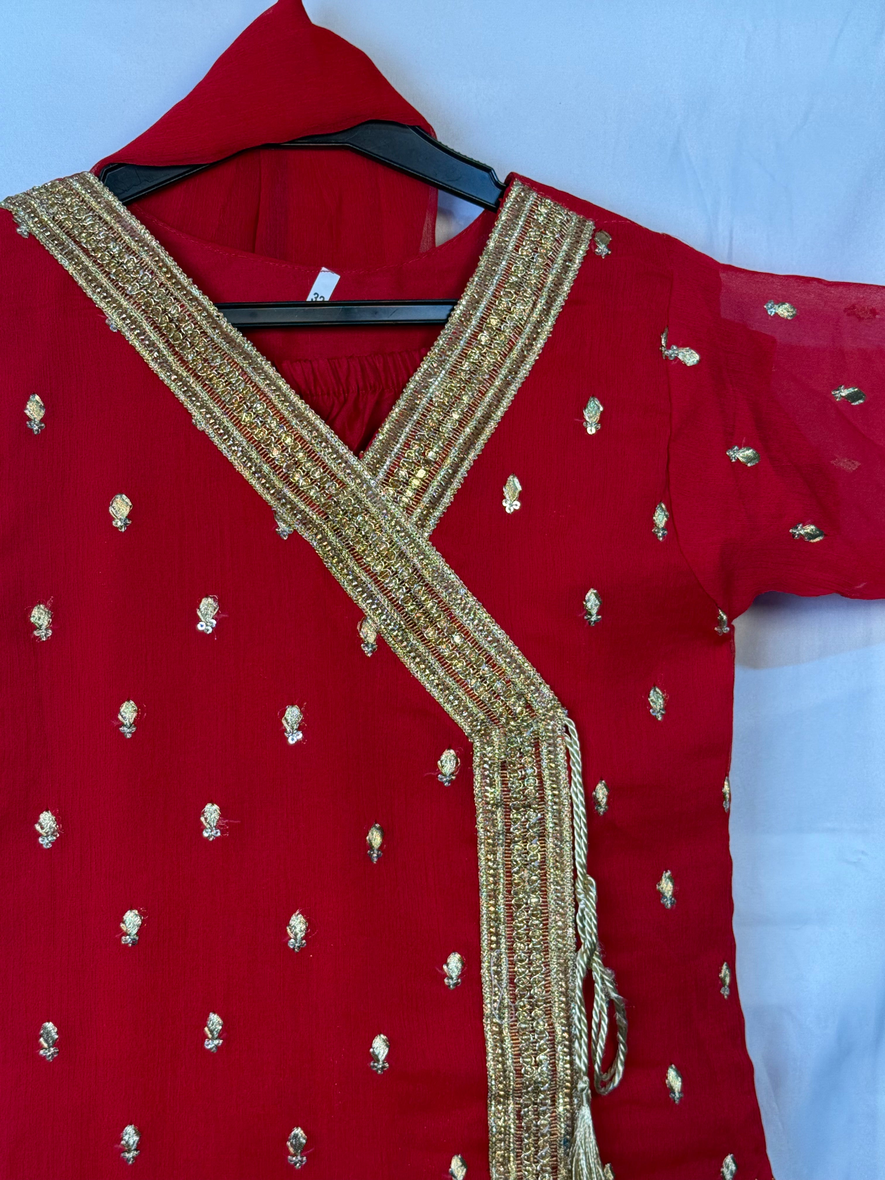 Girls Red Chiffon Angrakah Style Shirt & Garara Set With Emobidary On Shirt (3 Piece) Gcgs-8