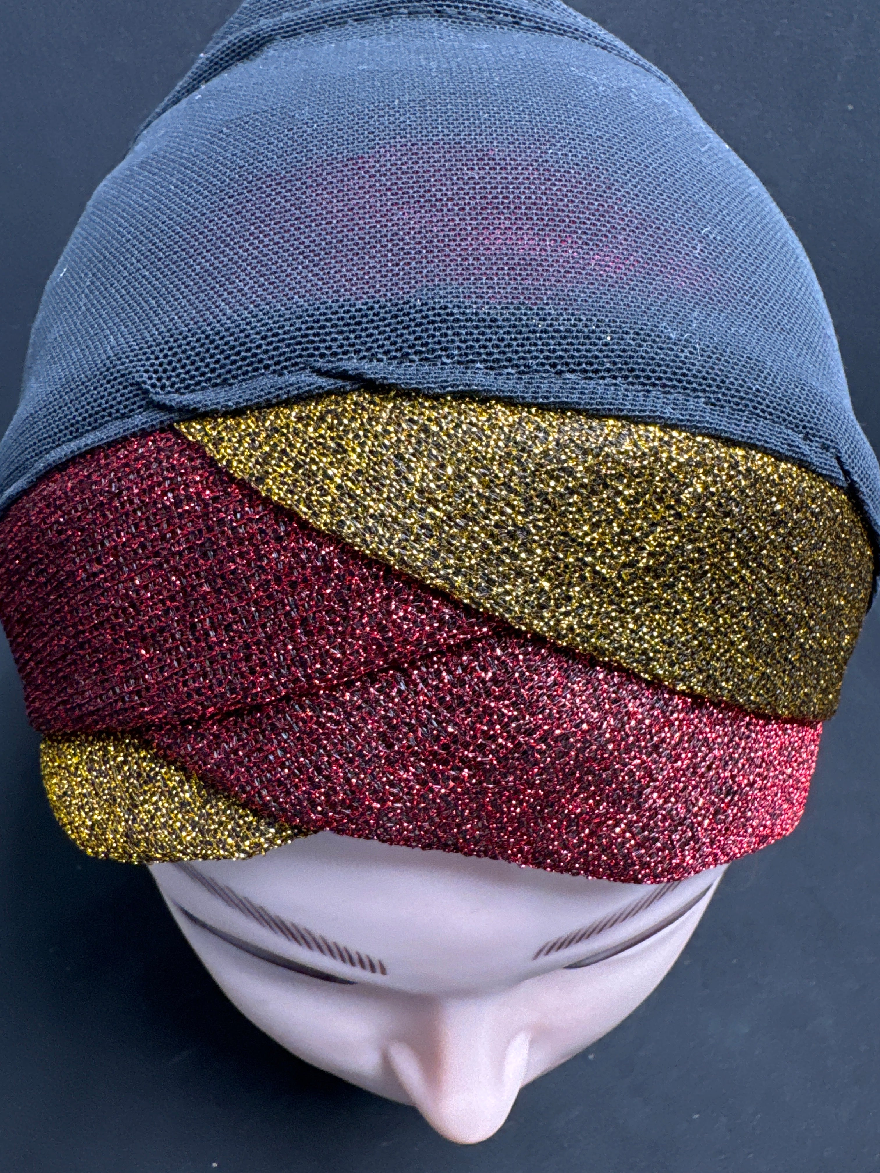 Hijab cap for ladies in Red, yellow & black  with with glitter net fabric  HC7