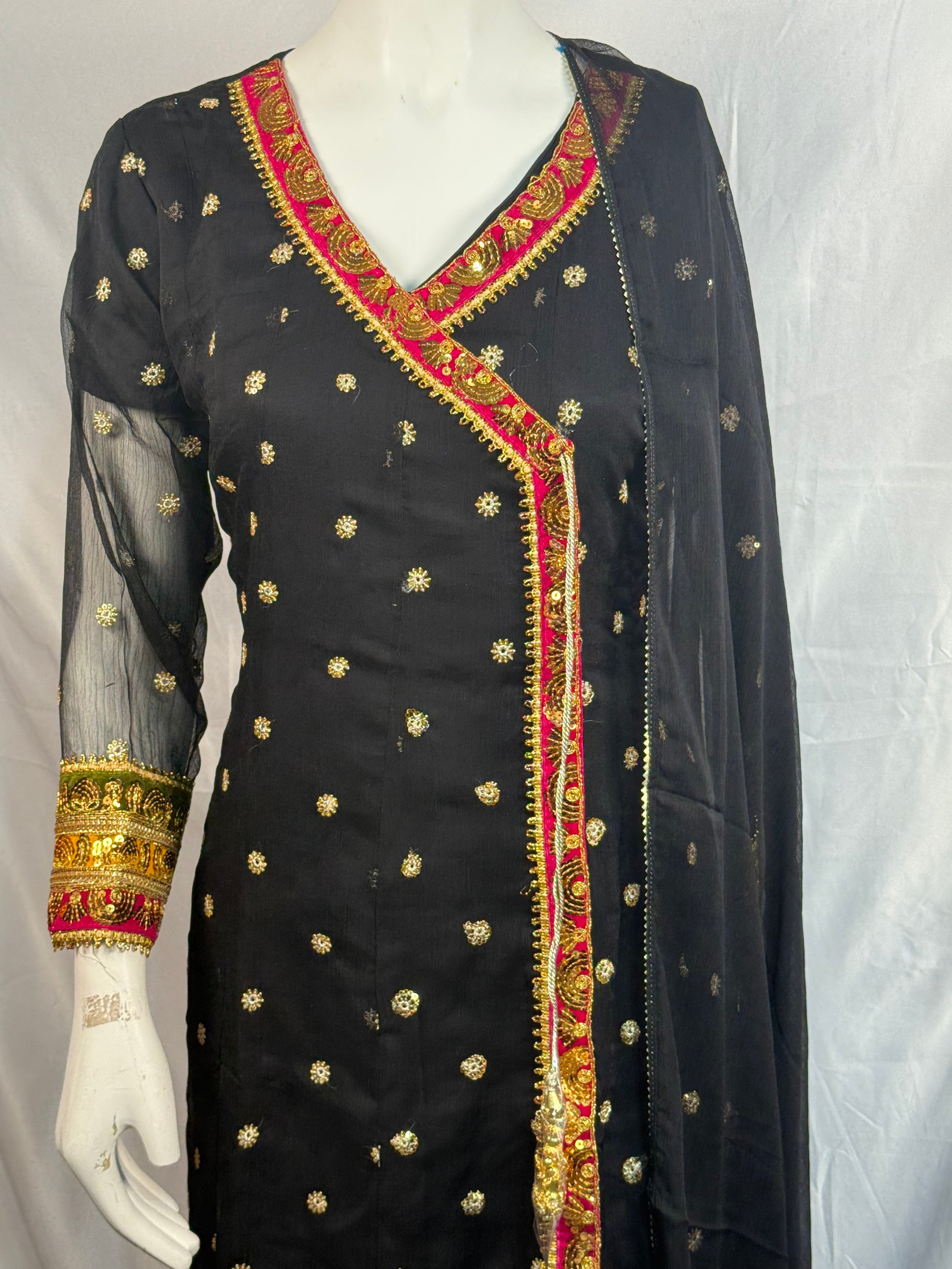 Ladies Black Chiffon Angrakah Style 3 Pcs Suit With Embroidery On Shirt (Last-04)
