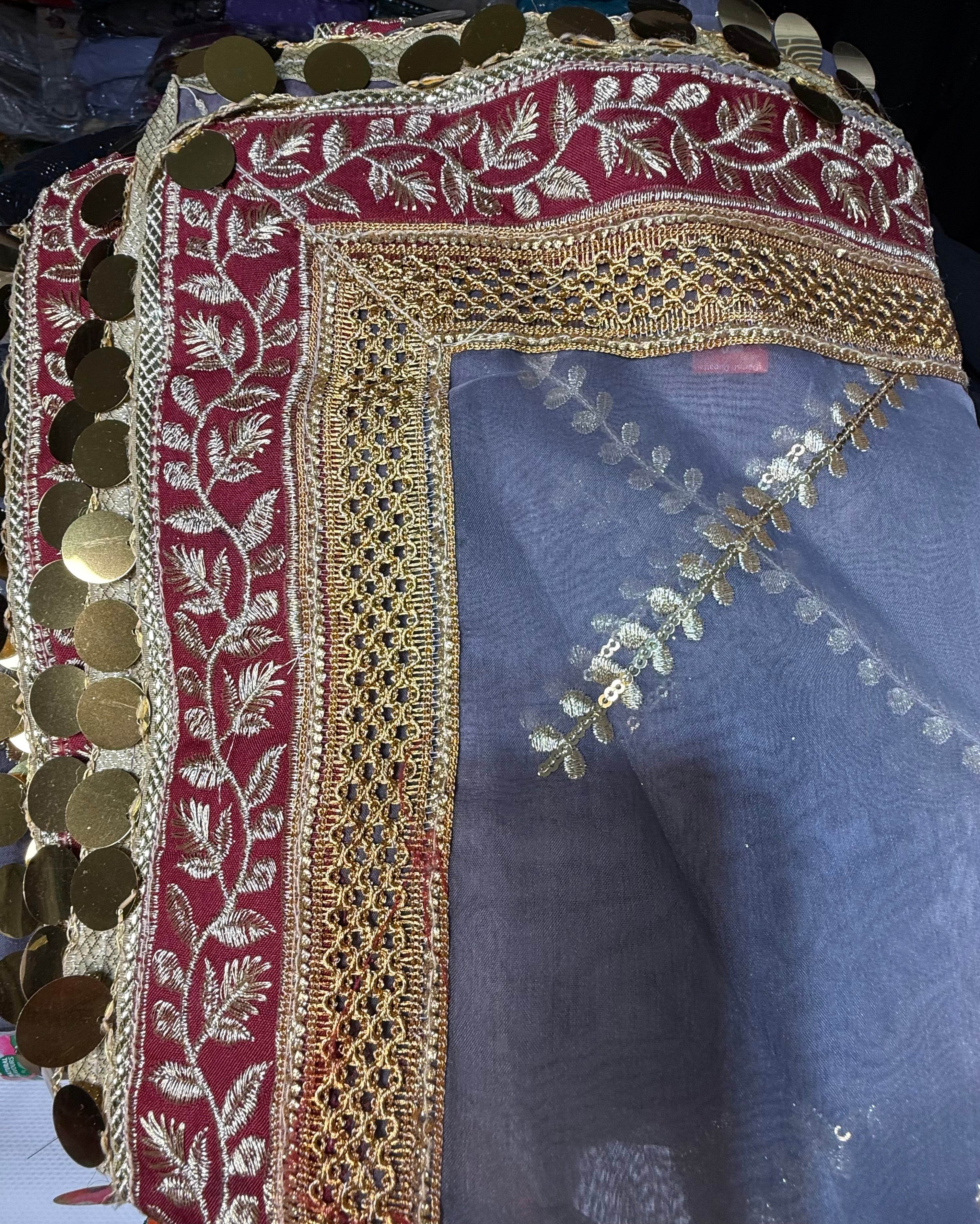 Grey Colour Organza Duptta With Embroidery And Coin Lace By Areeba'S Couture