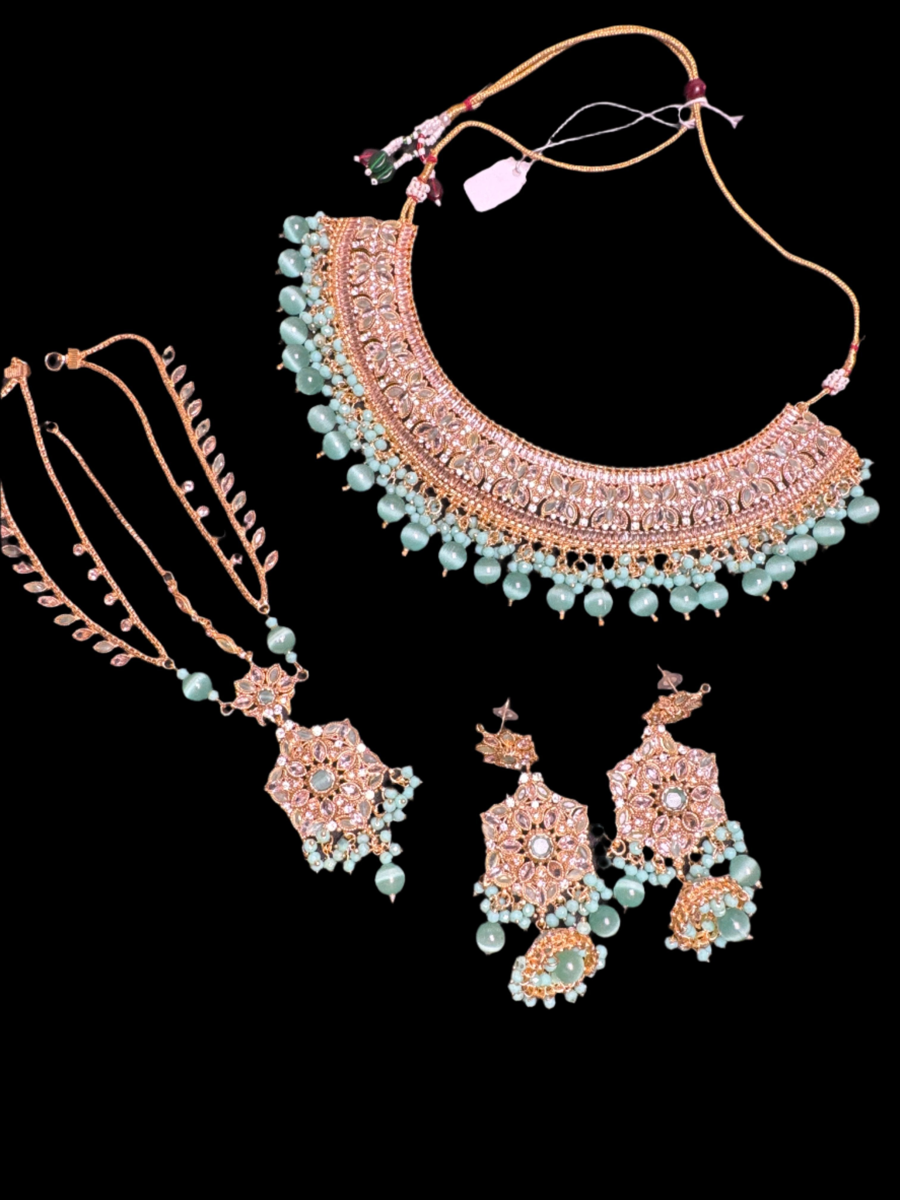 Gold colour Jewellery set with necklace, Jhumar. earrings and bindi with green pearls - JS47