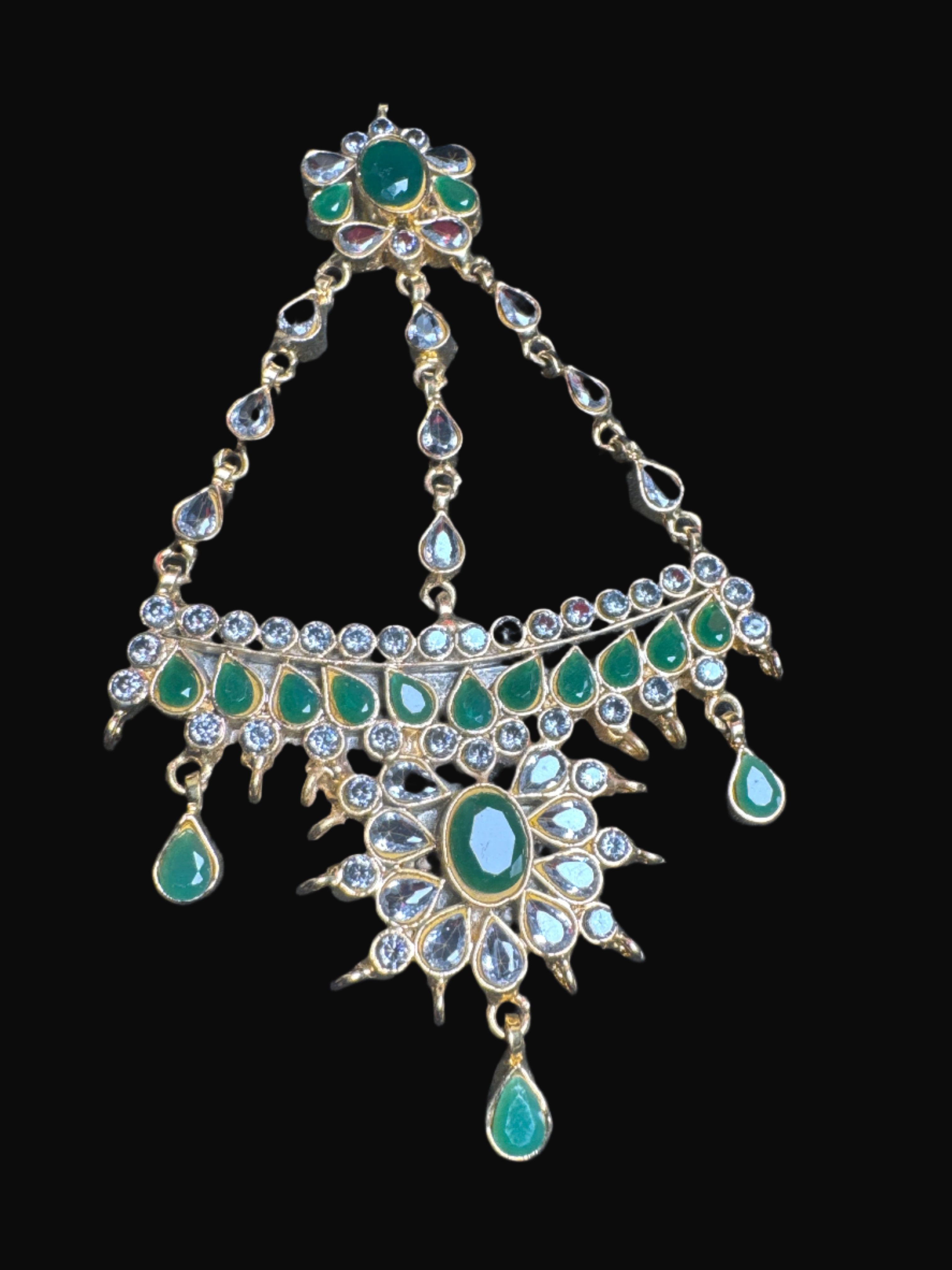 Gold colour Jhumar  with Green & white Gems JM 01