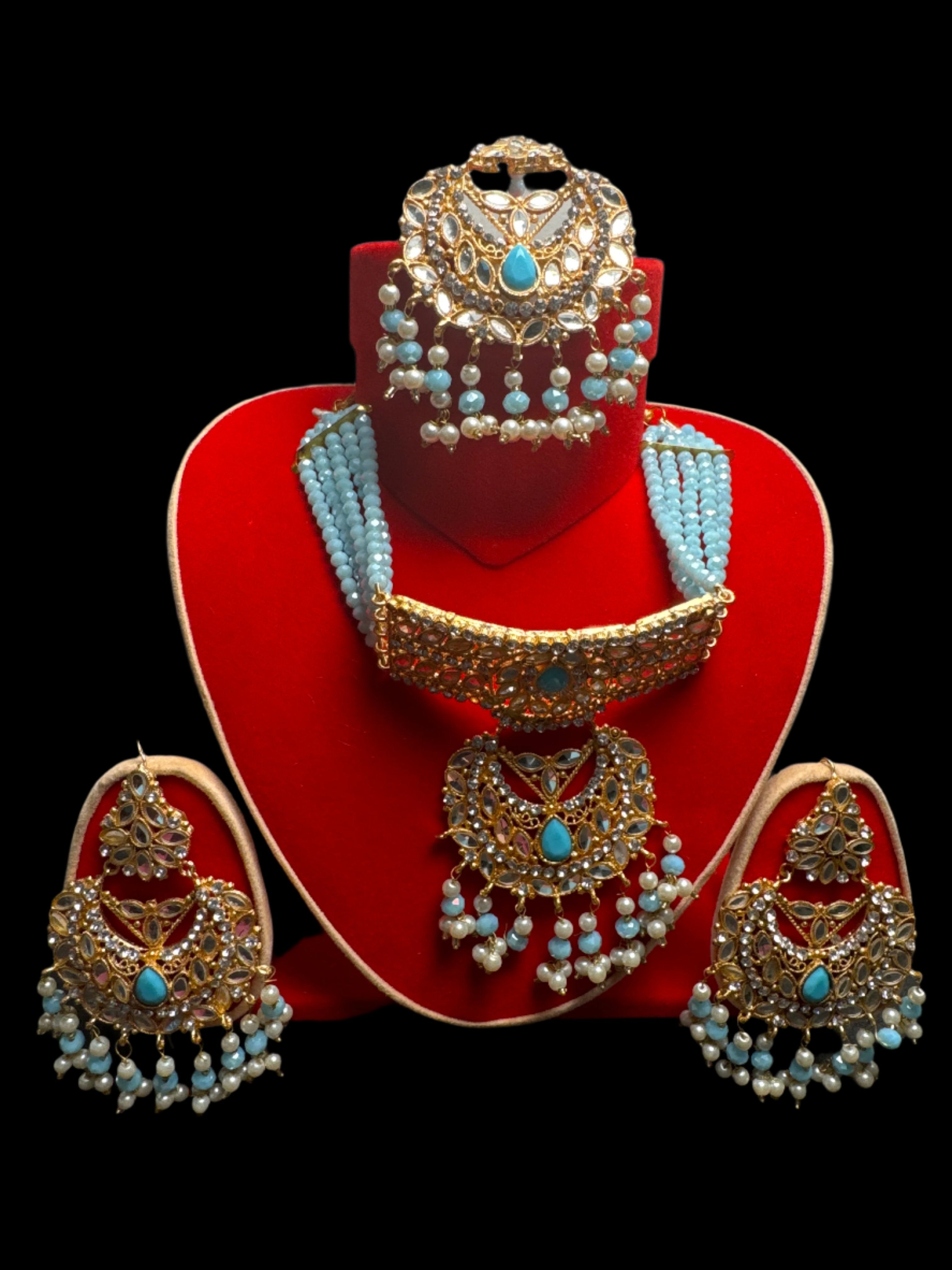 Gold colour Jewellery set with necklace,  earrings and Teeka  with Ferozi & gold  pearls  - KS4