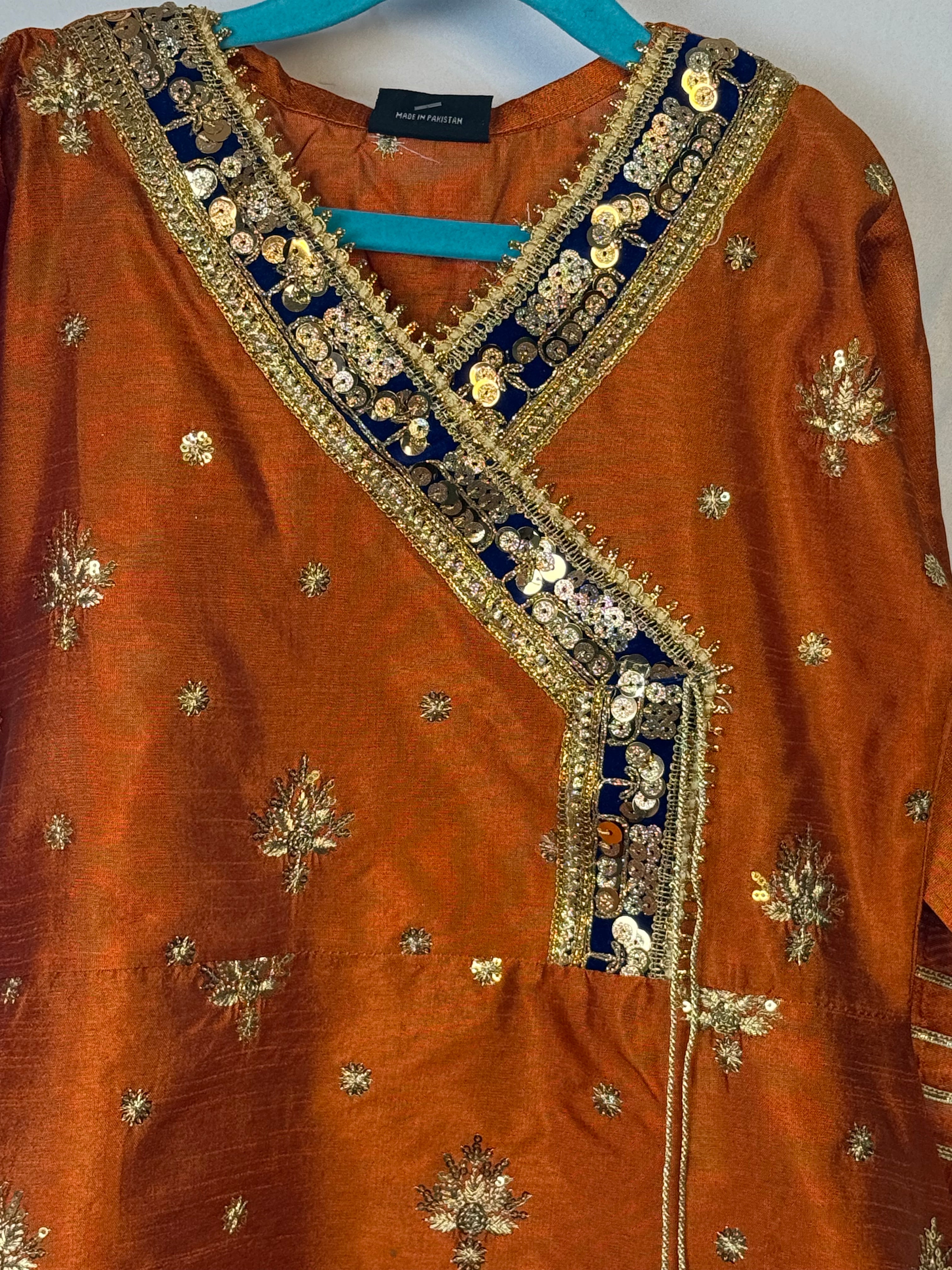 Girls Mustard Colour On Kittan Silk Fabric Airline Frock & Plazo Set With Emobidary On Shirt And Design On Plazo (2 Piece) Gcgs-15