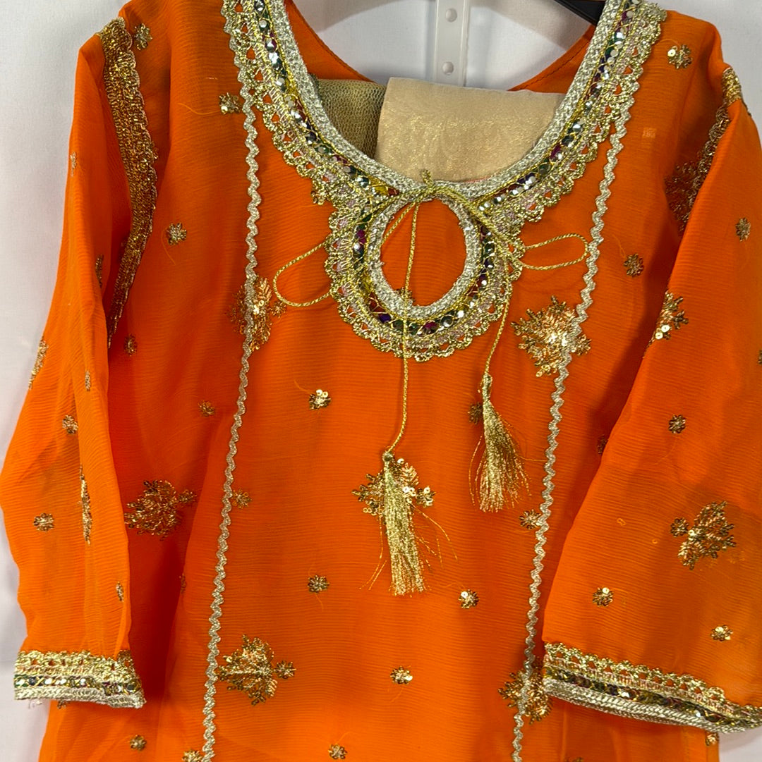 Orange chiffon three piece shalwar kameez