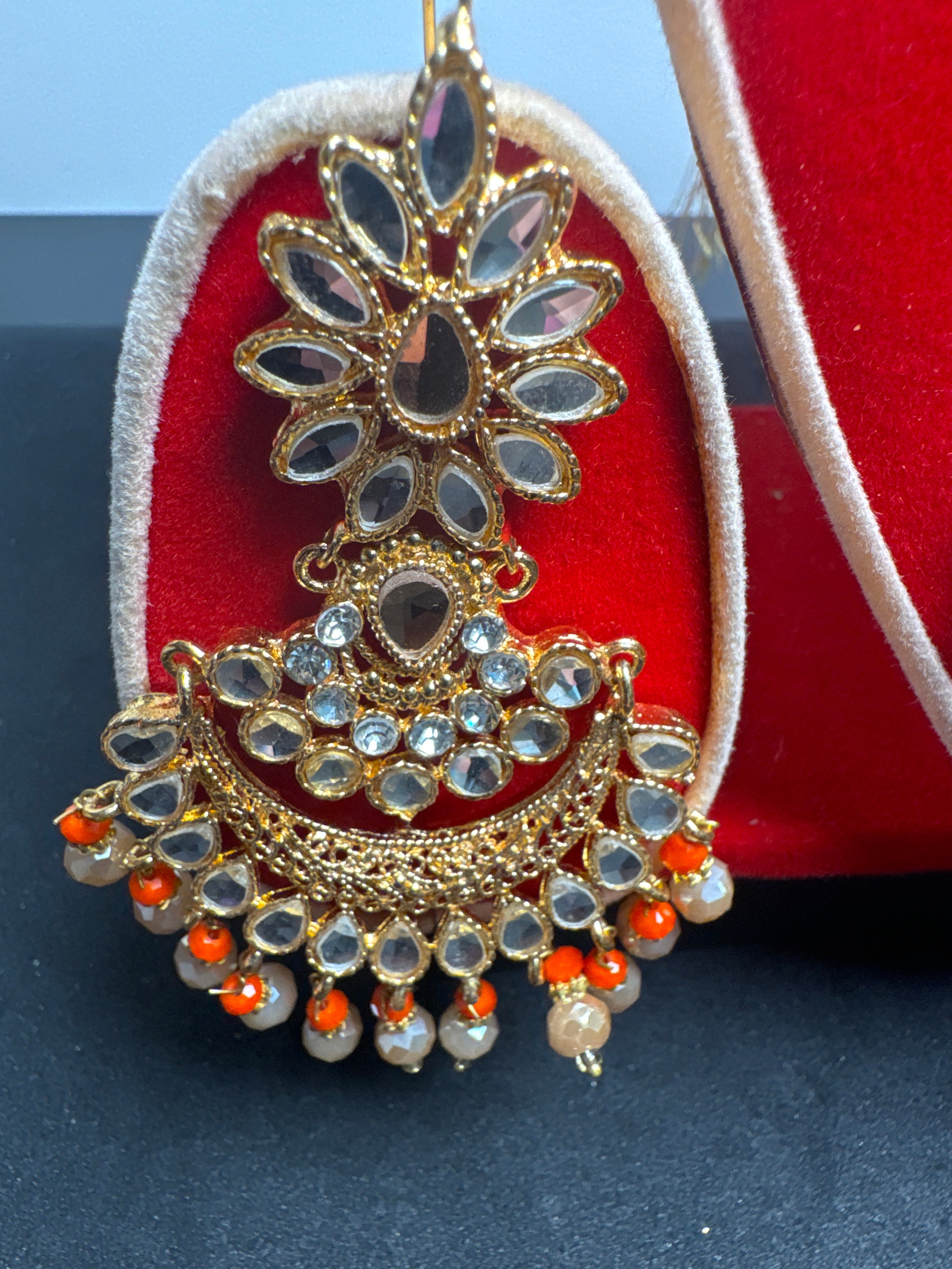 Gold colour Jewellery set with necklace,  earrings and Teeka  with orange & gold  pearls  -KS9