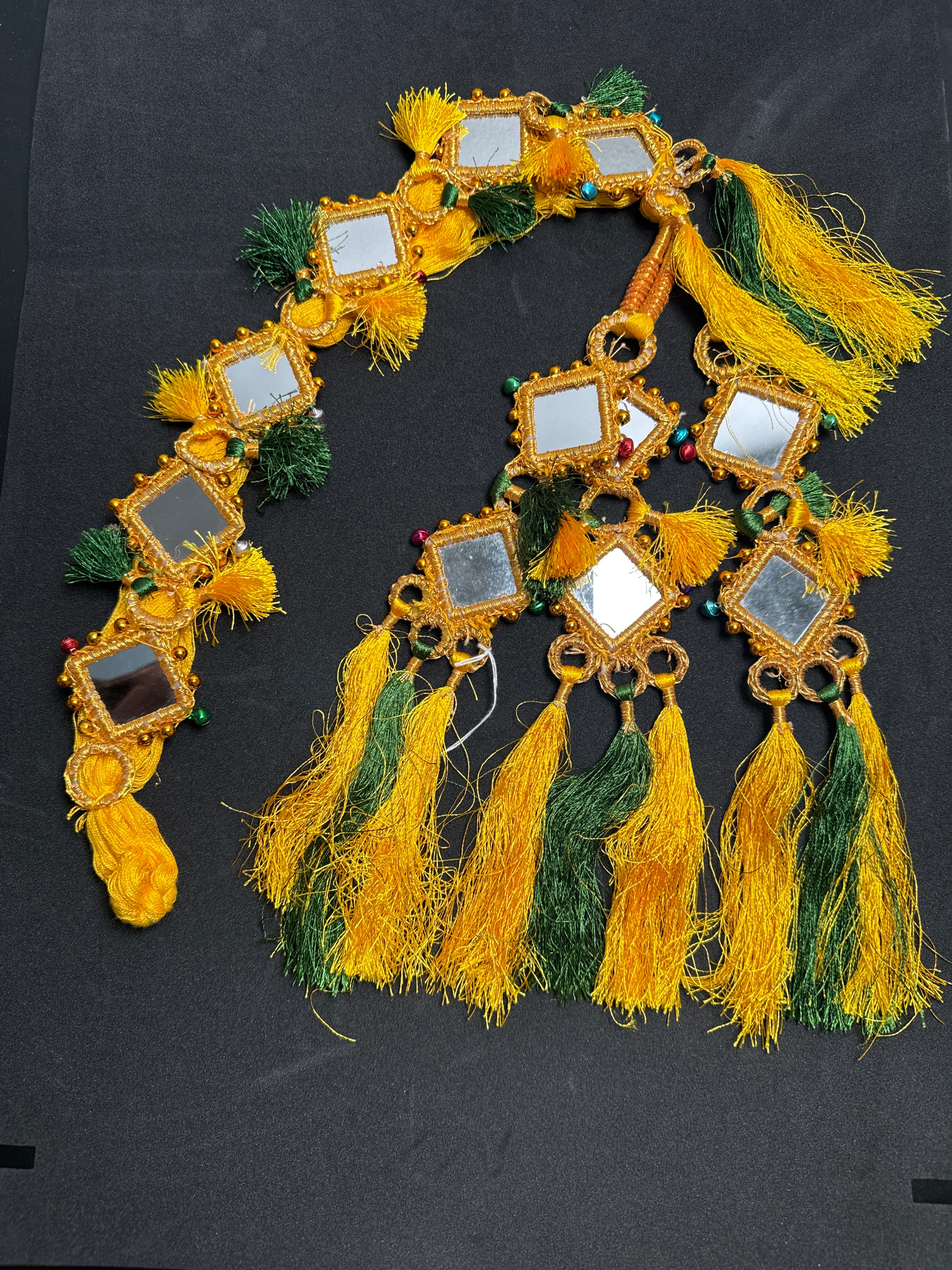 Yellow colour Parranda with  Rectangular mirror, multi colours beads &  tassels PD93