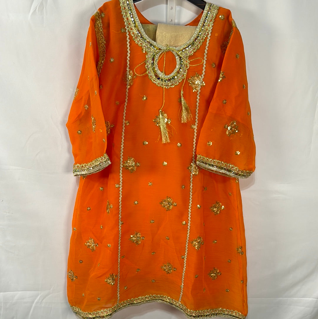 Orange chiffon three piece shalwar kameez