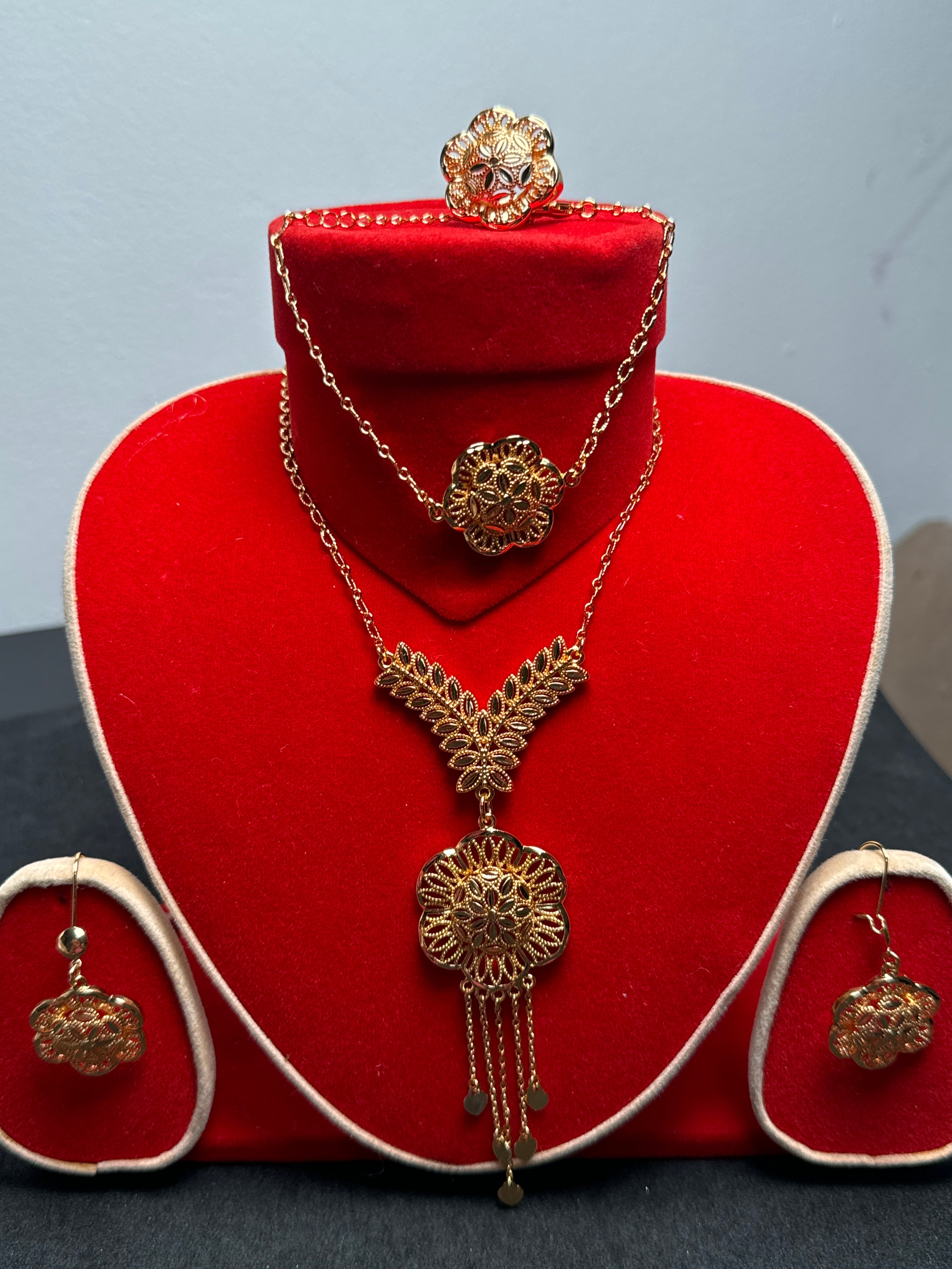 Golden Necklace and earring & Bindia & Ring set - JS72