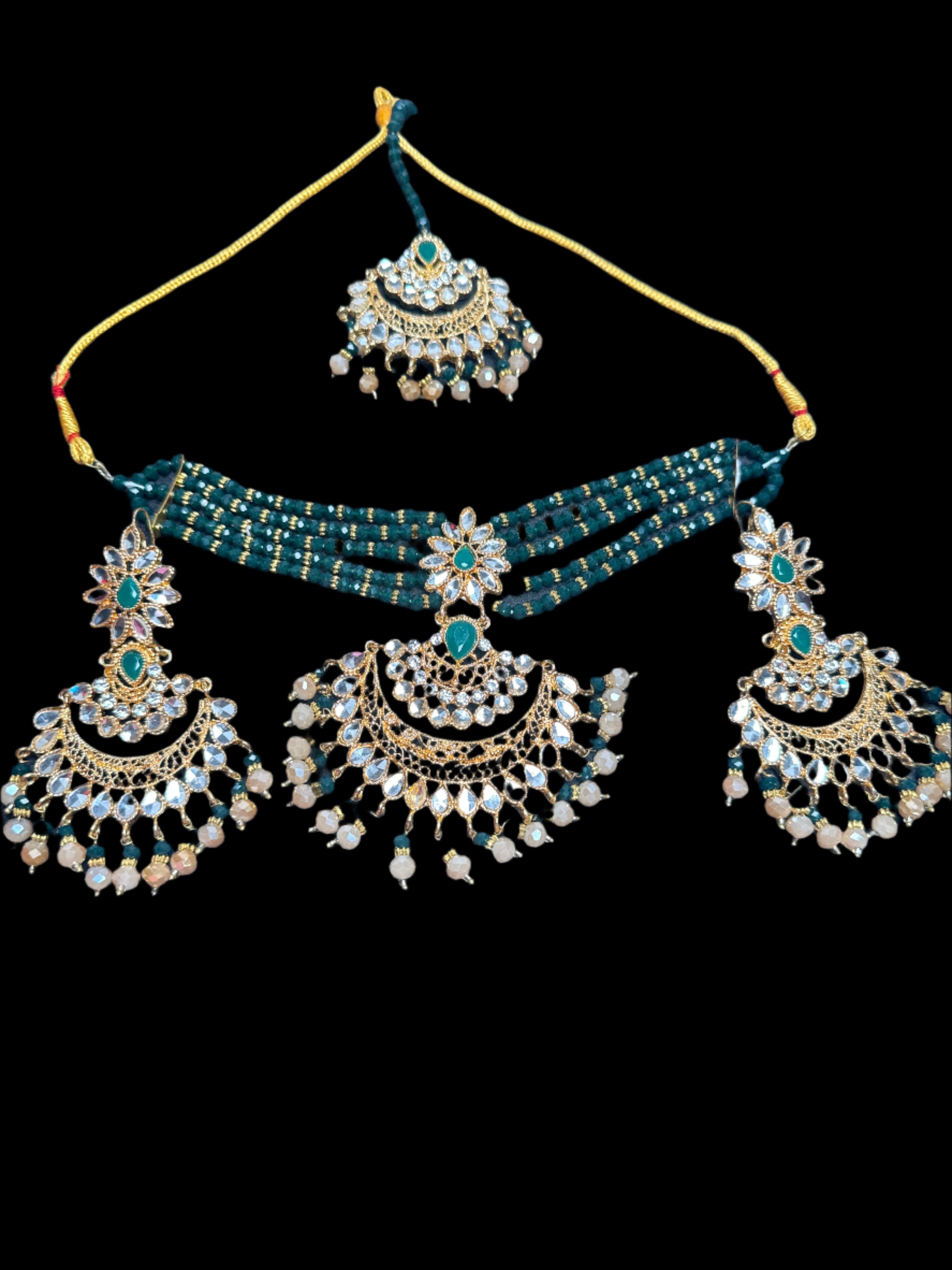 Gold colour Jewellery set with necklace,  earrings and Teeka  with dark green & white pearls  -KS3