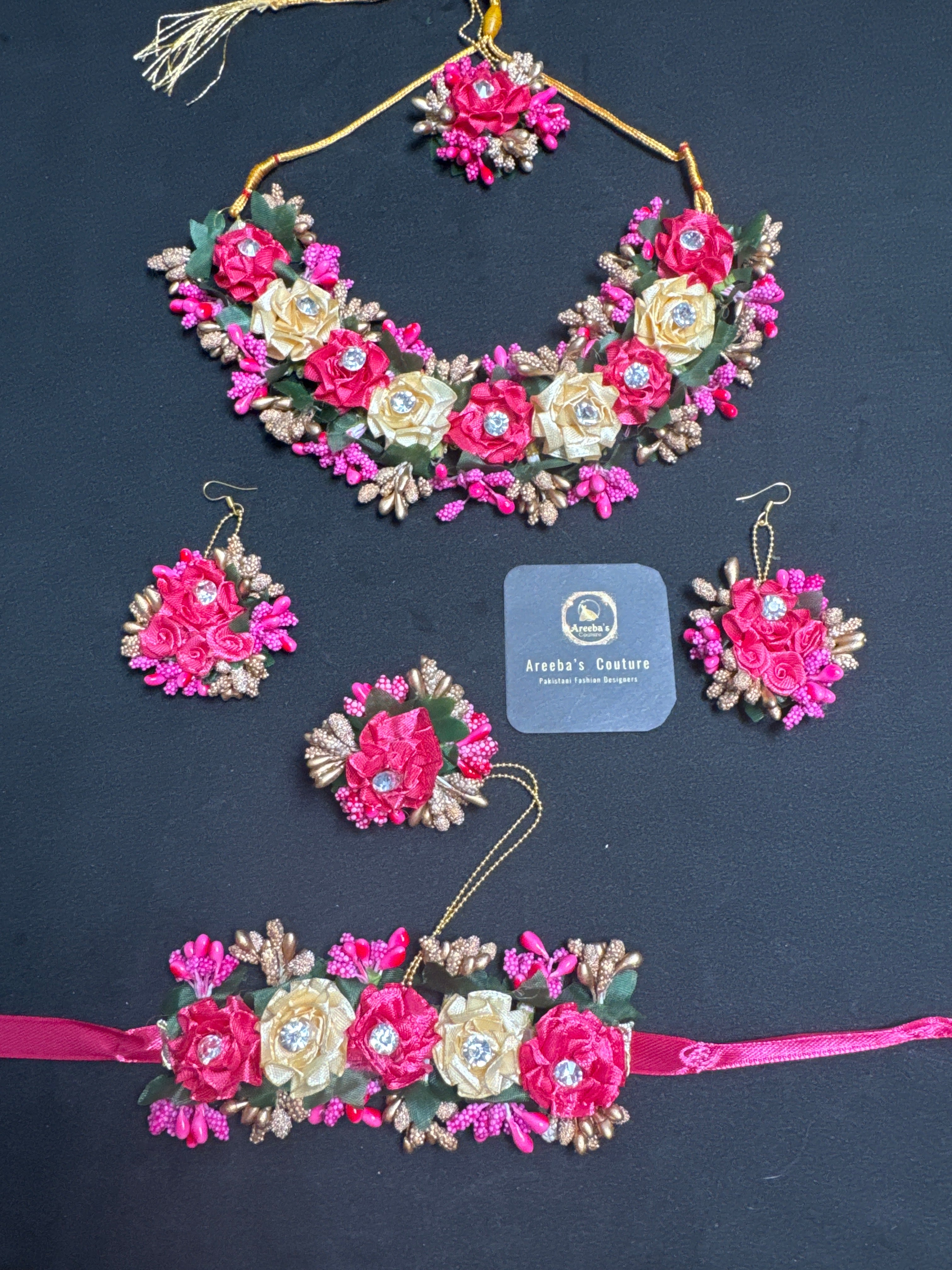 Shocking Pin & gold Flower Jewellery set with necklace earrings Bindi, bracelet and ring