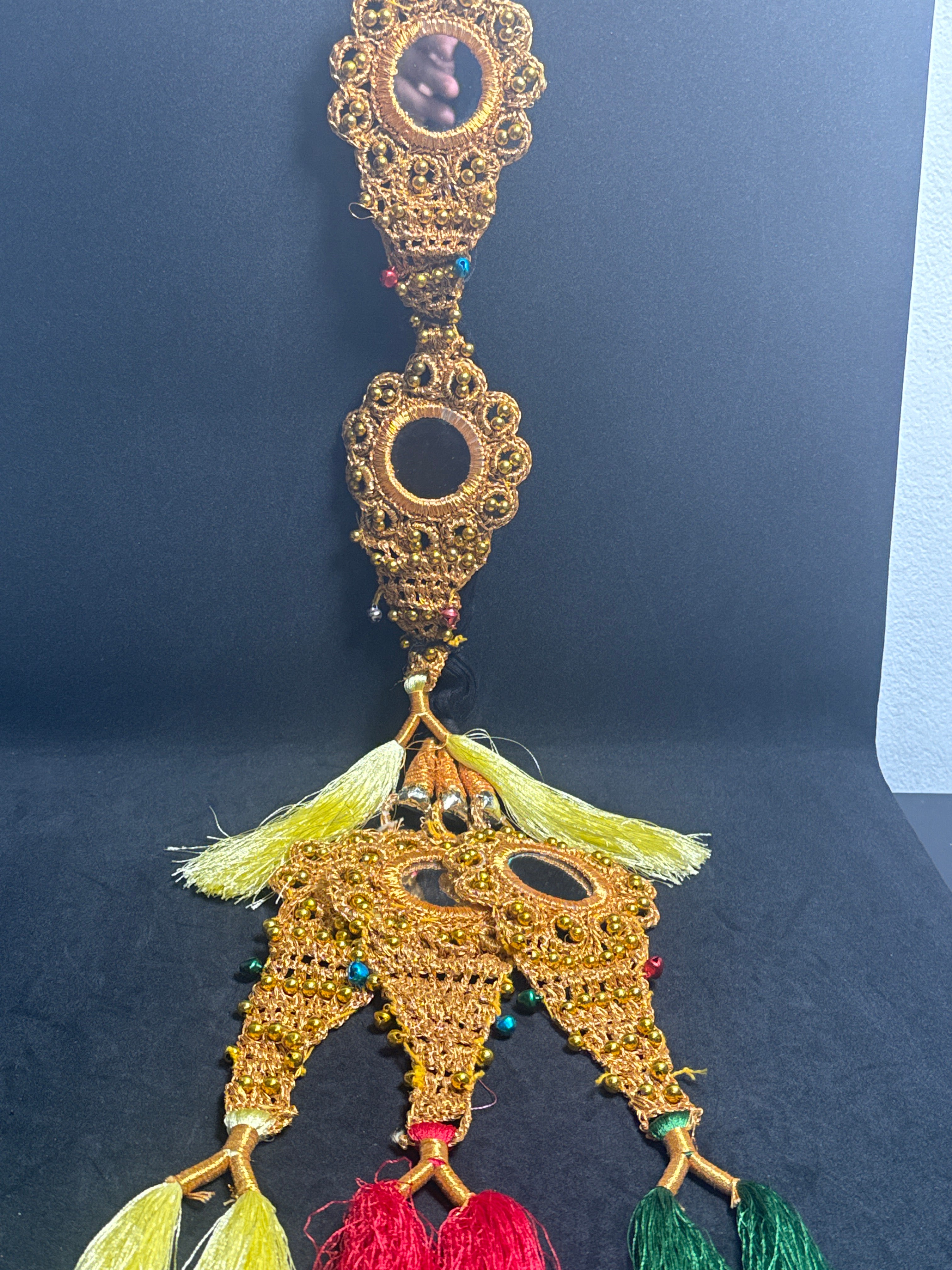 Multi mirror Parranda with gold beads and gold work & black thread PD63