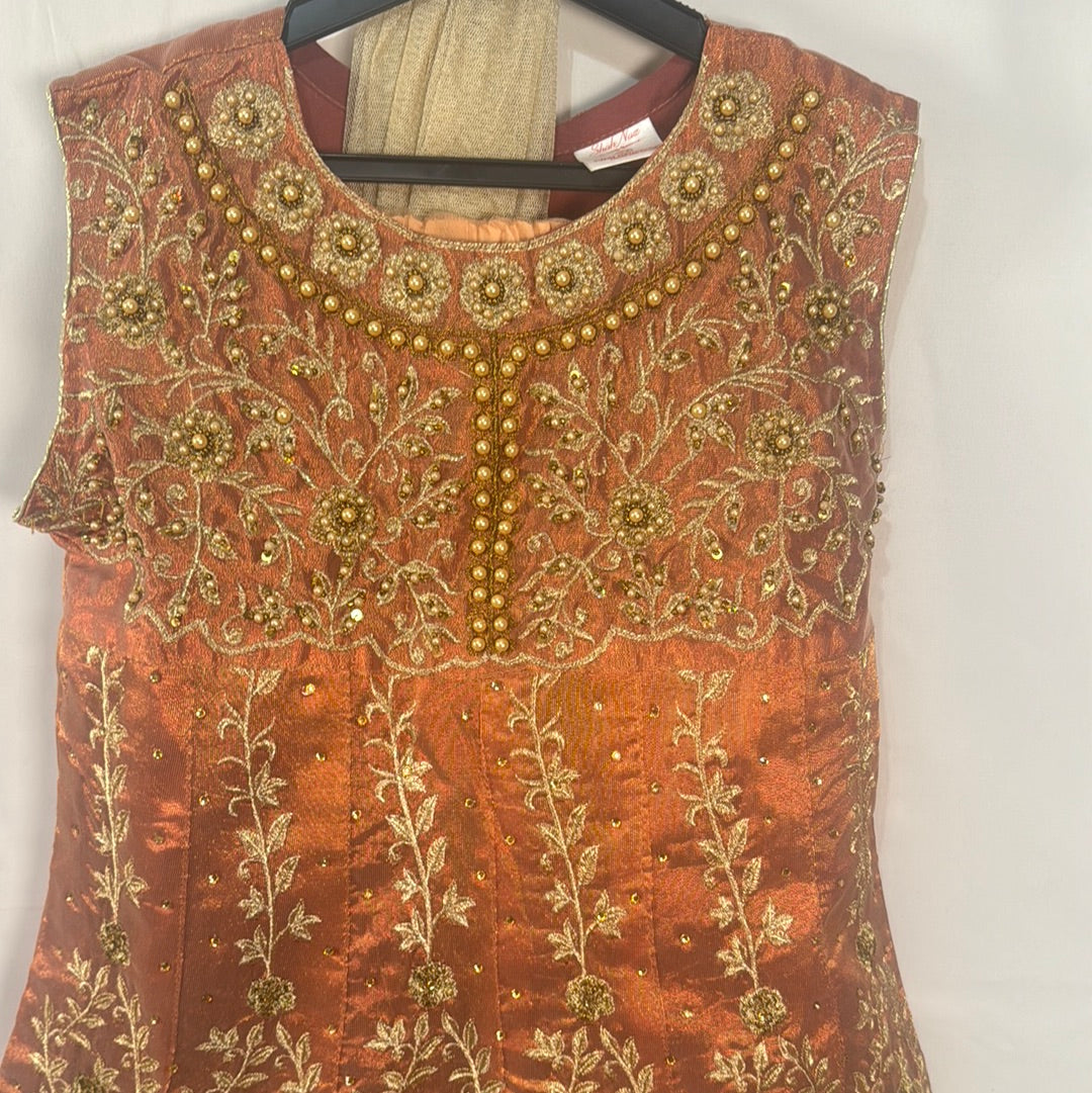 Peach pink net lengha with embellishments top