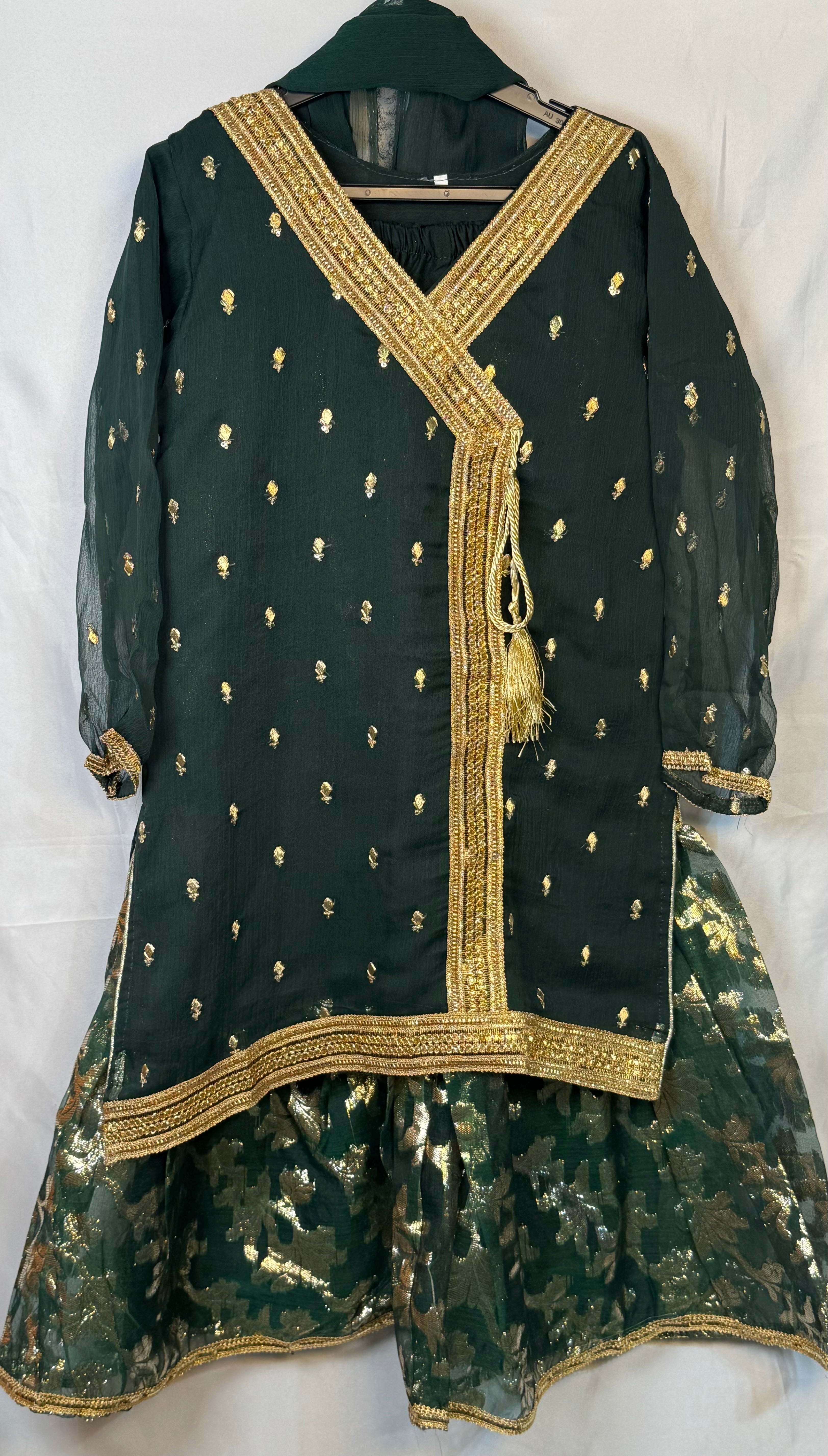 Girls Bottle Green Chiffon Angrakah Style Shirt & Garara Set With Emobidary On Shirt (3 Piece) Gcgs-10