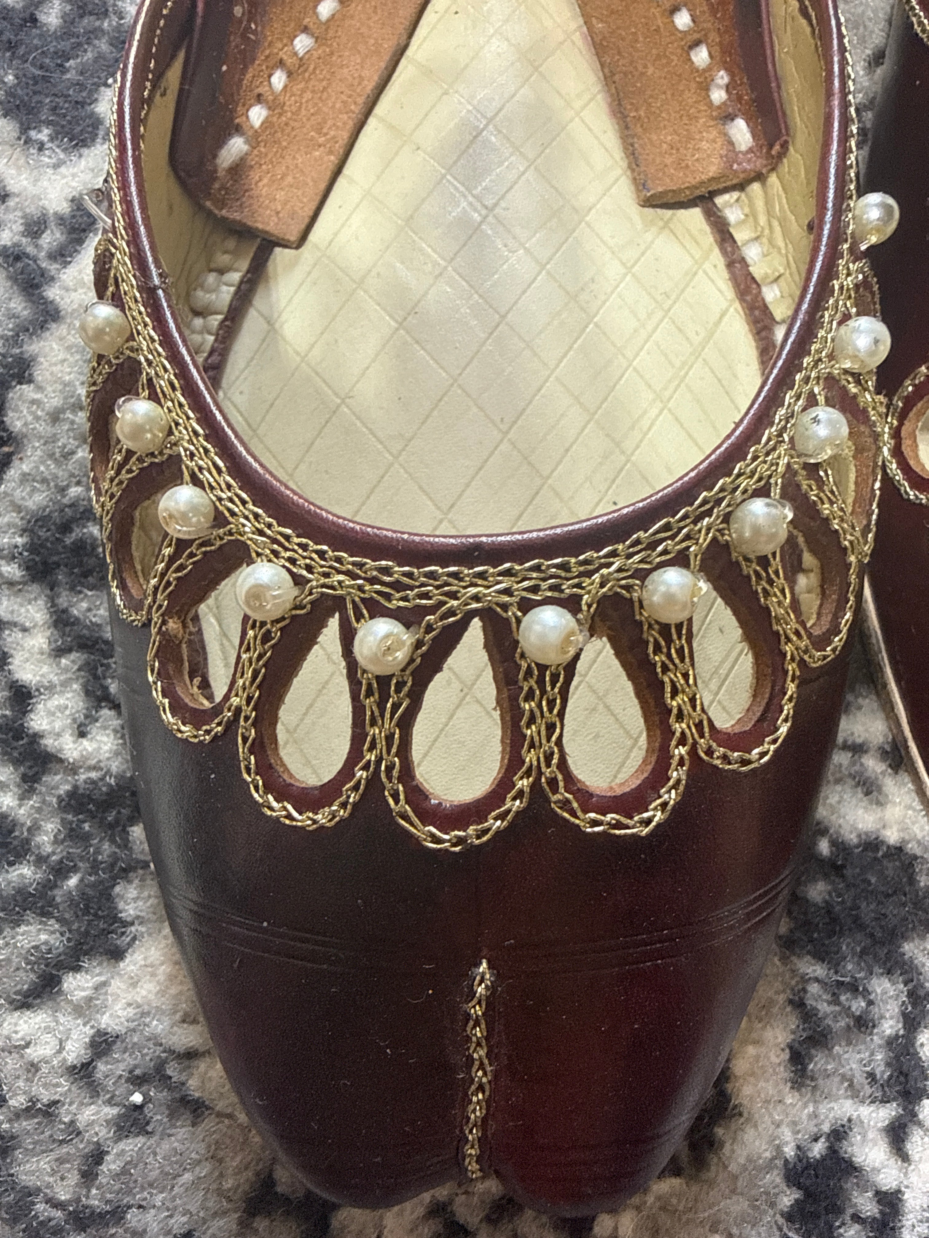 Ladies Leather Khussa Brown with Gold Embellishments and Comfortable Design- Areeba's Couture